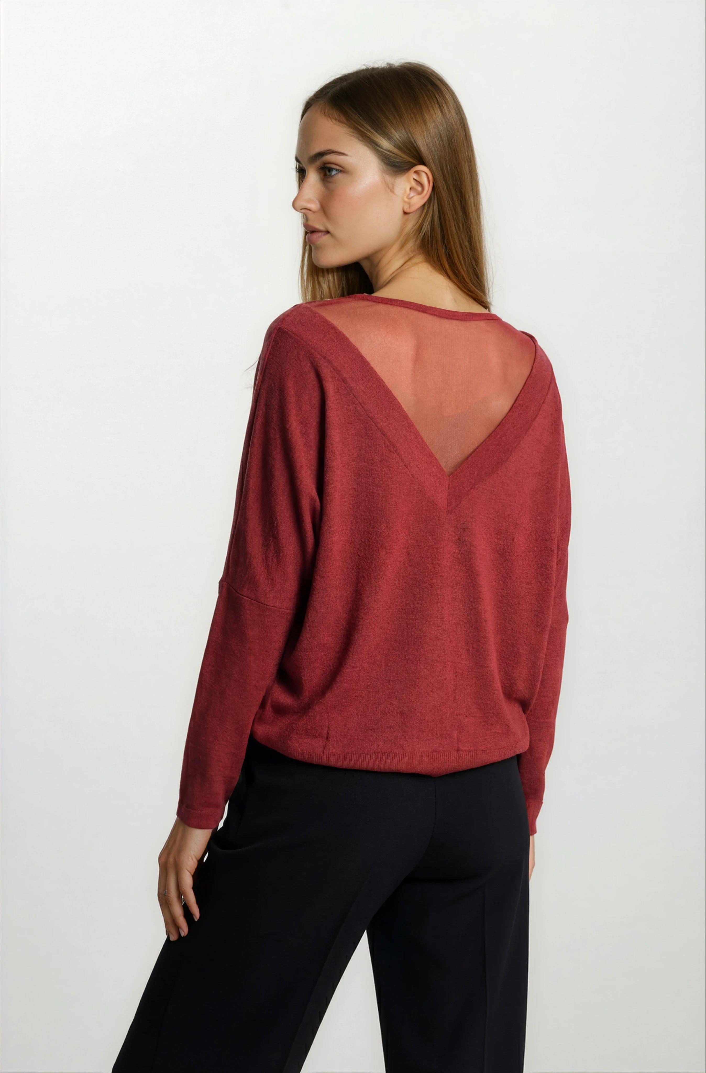 Osvaldino Bisiklet Tül Yaka Ön Arka V Yarasa Kol Triko BORDO