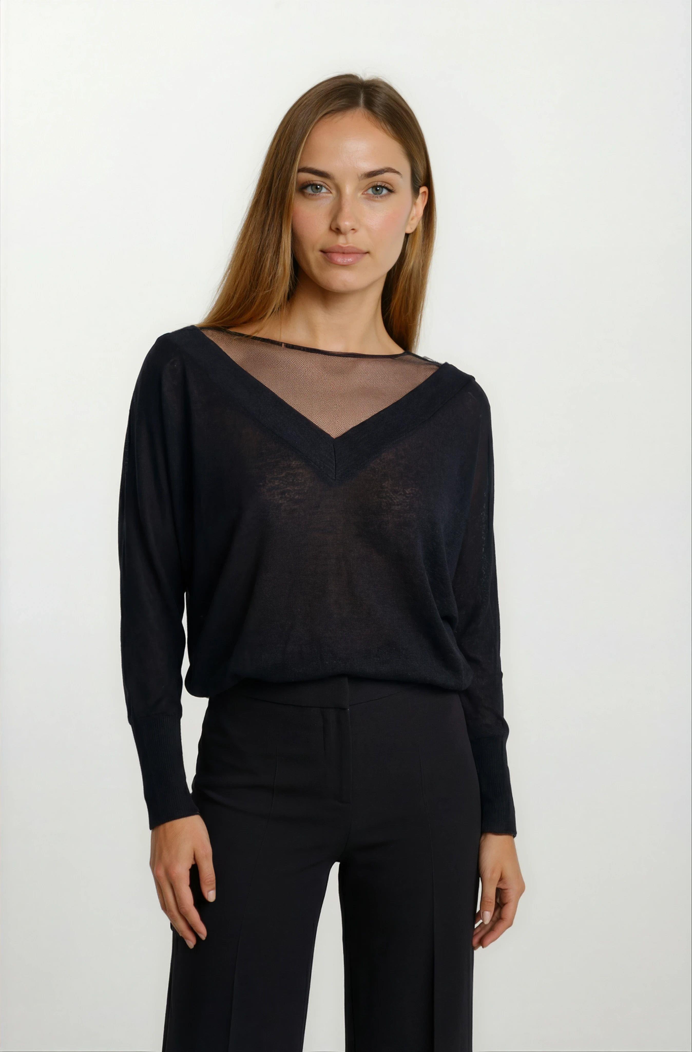 Osvaldino Bisiklet Tül Yaka Ön Arka V Yarasa Kol Triko SİYAH