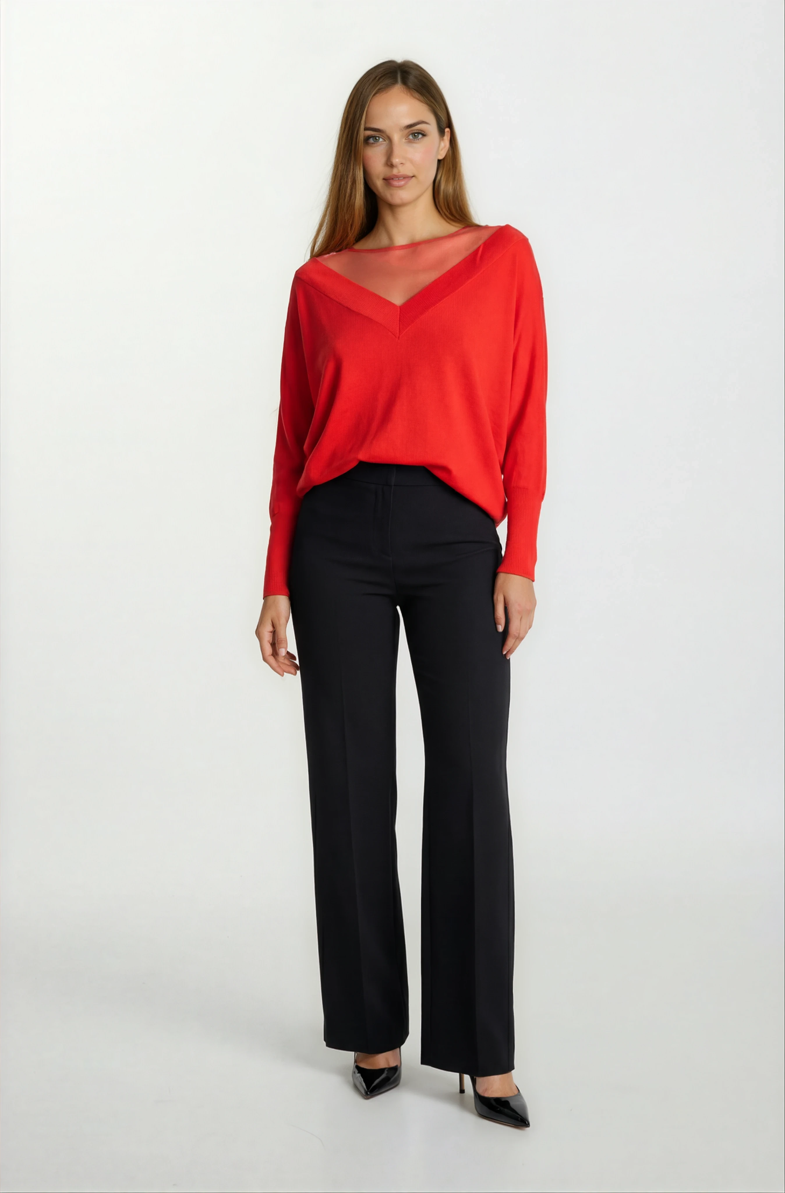 Osvaldino Bisiklet Tül Yaka Ön Arka V Yarasa Kol Triko MERCAN