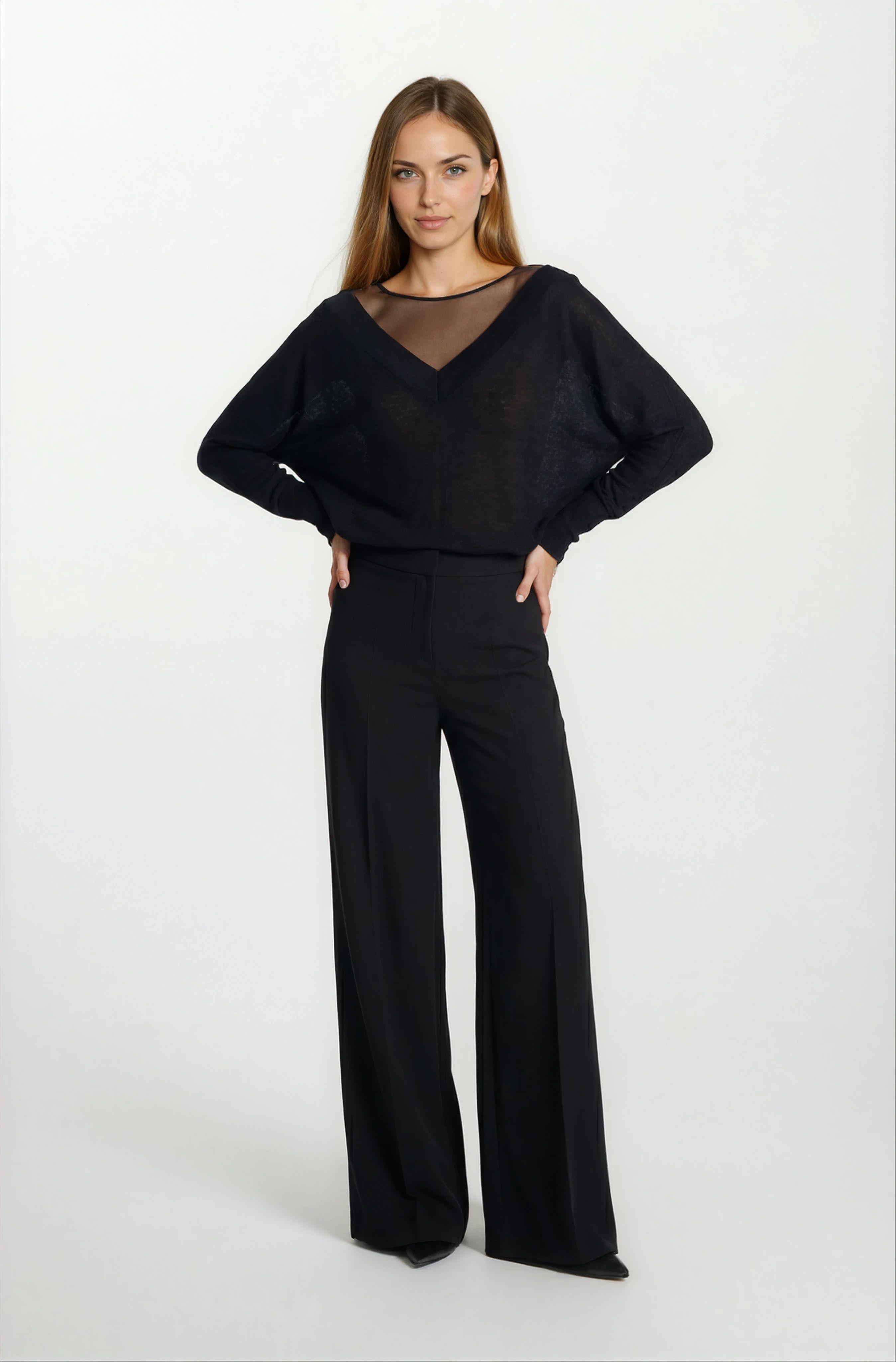 Osvaldino Bisiklet Tül Yaka Ön Arka V Yarasa Kol Triko SİYAH