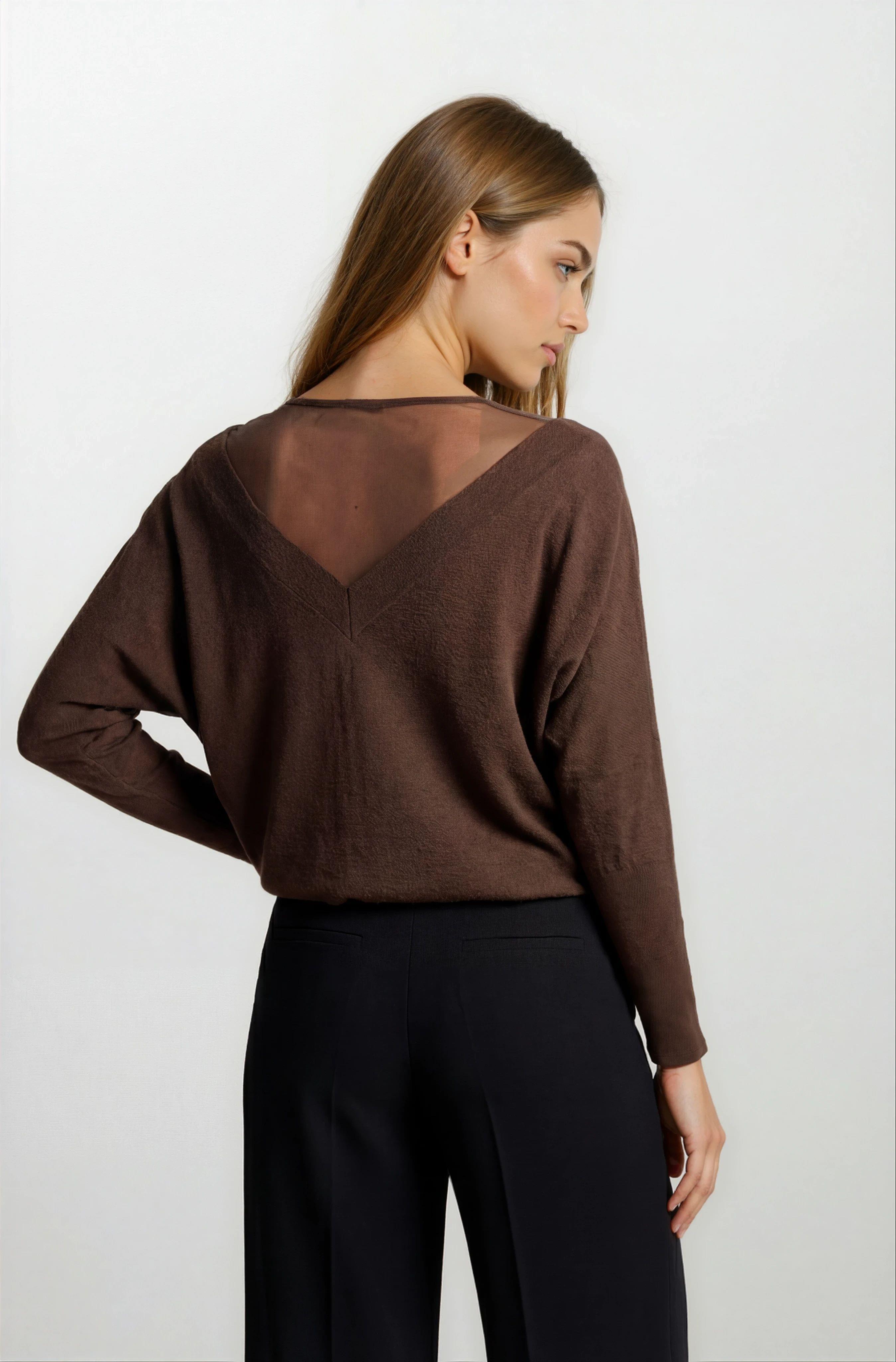 Osvaldino Bisiklet Tül Yaka Ön Arka V Yarasa Kol Triko KAHVE