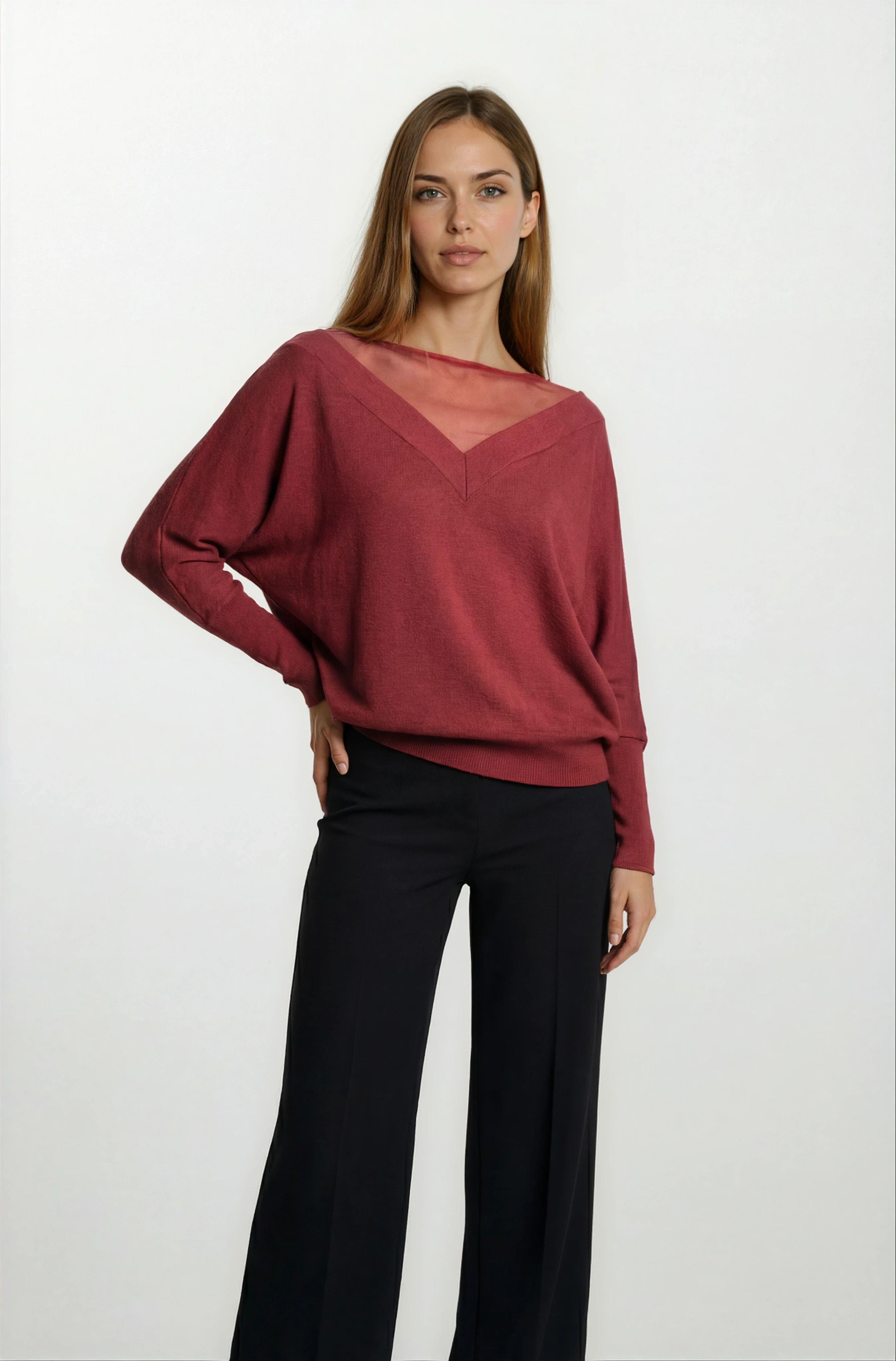 Osvaldino Bisiklet Tül Yaka Ön Arka V Yarasa Kol Triko BORDO