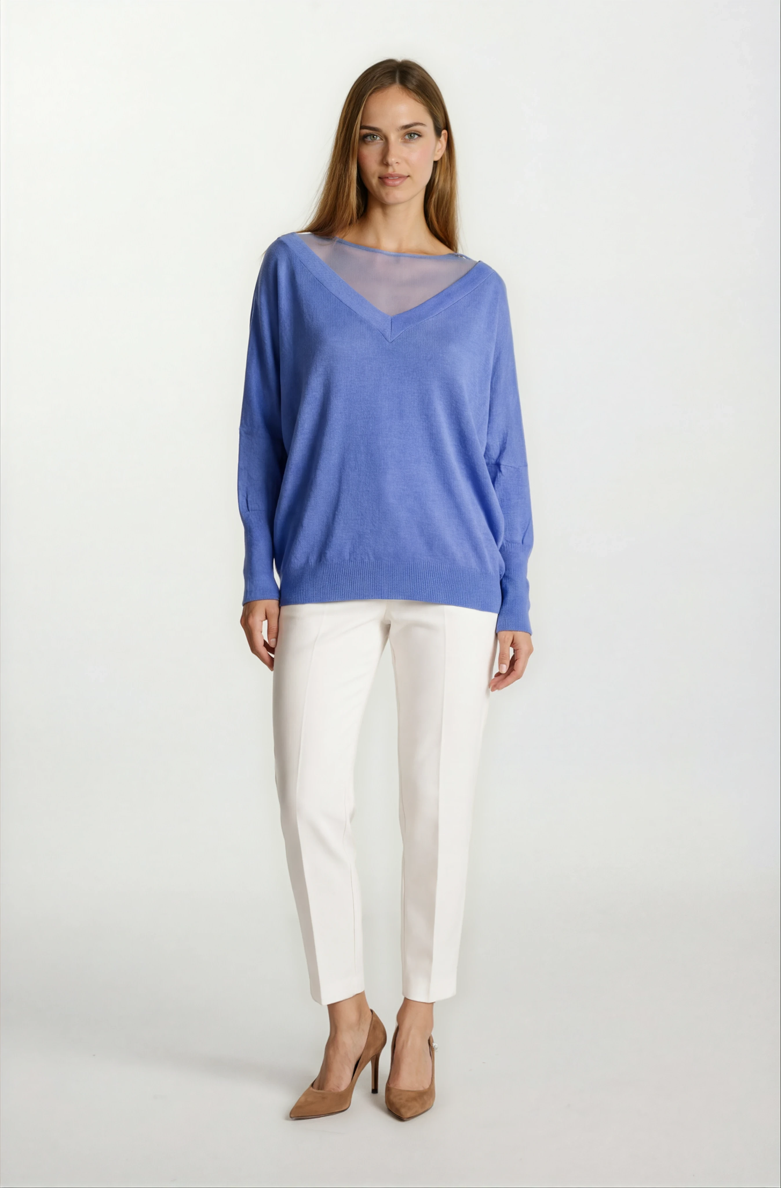 Osvaldino Bisiklet Tül Yaka Ön Arka V Yarasa Kol Triko İNDİGO