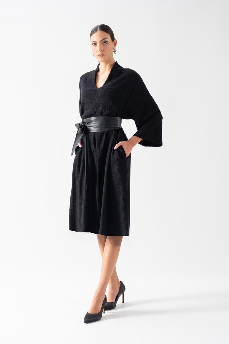 Ottaviano V Yaka Önü A Pile Geniş Kesim Elbise SİYAH