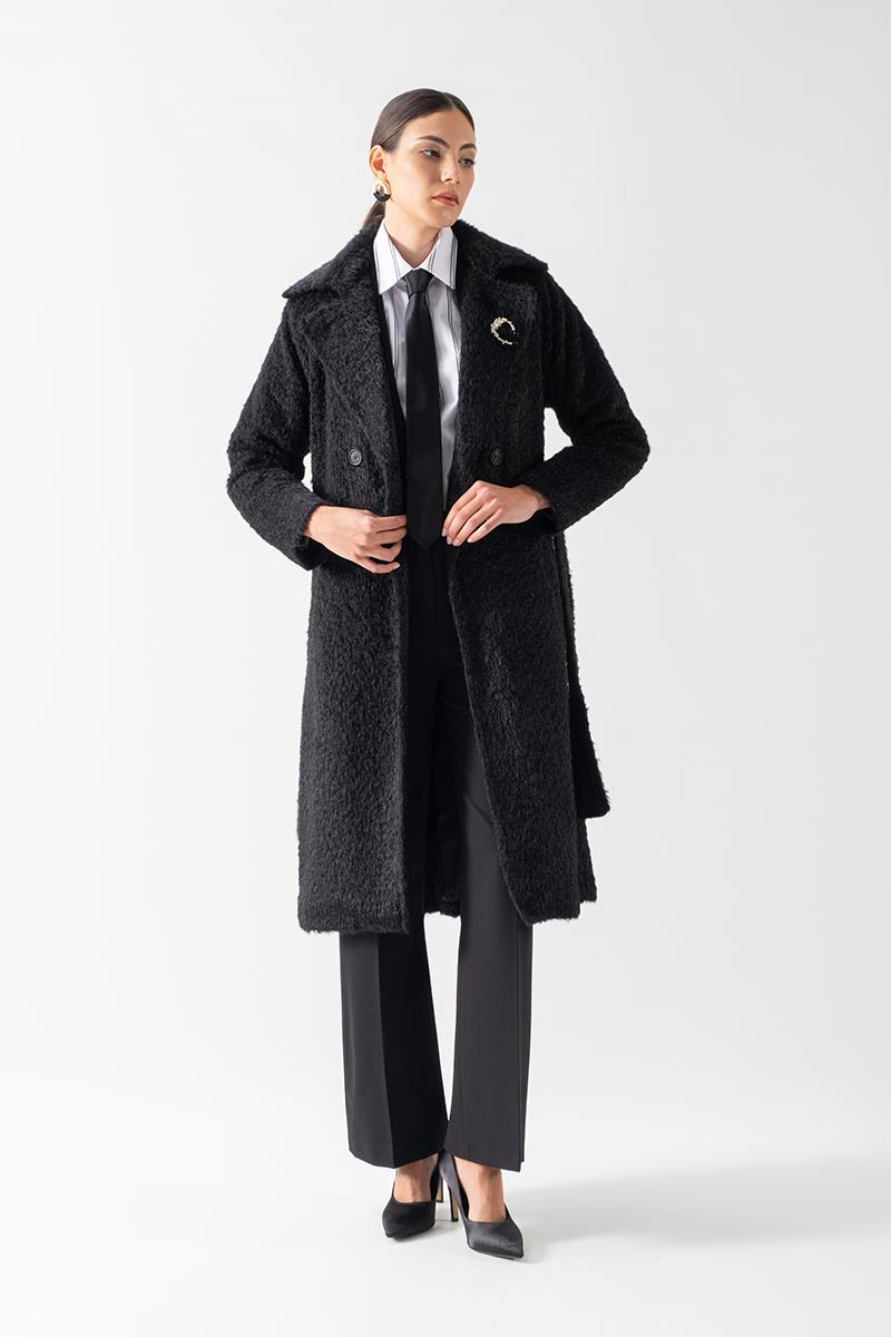 Ottobello Mono Yaka Kruvaze Kuşaklı Kaban SİYAH