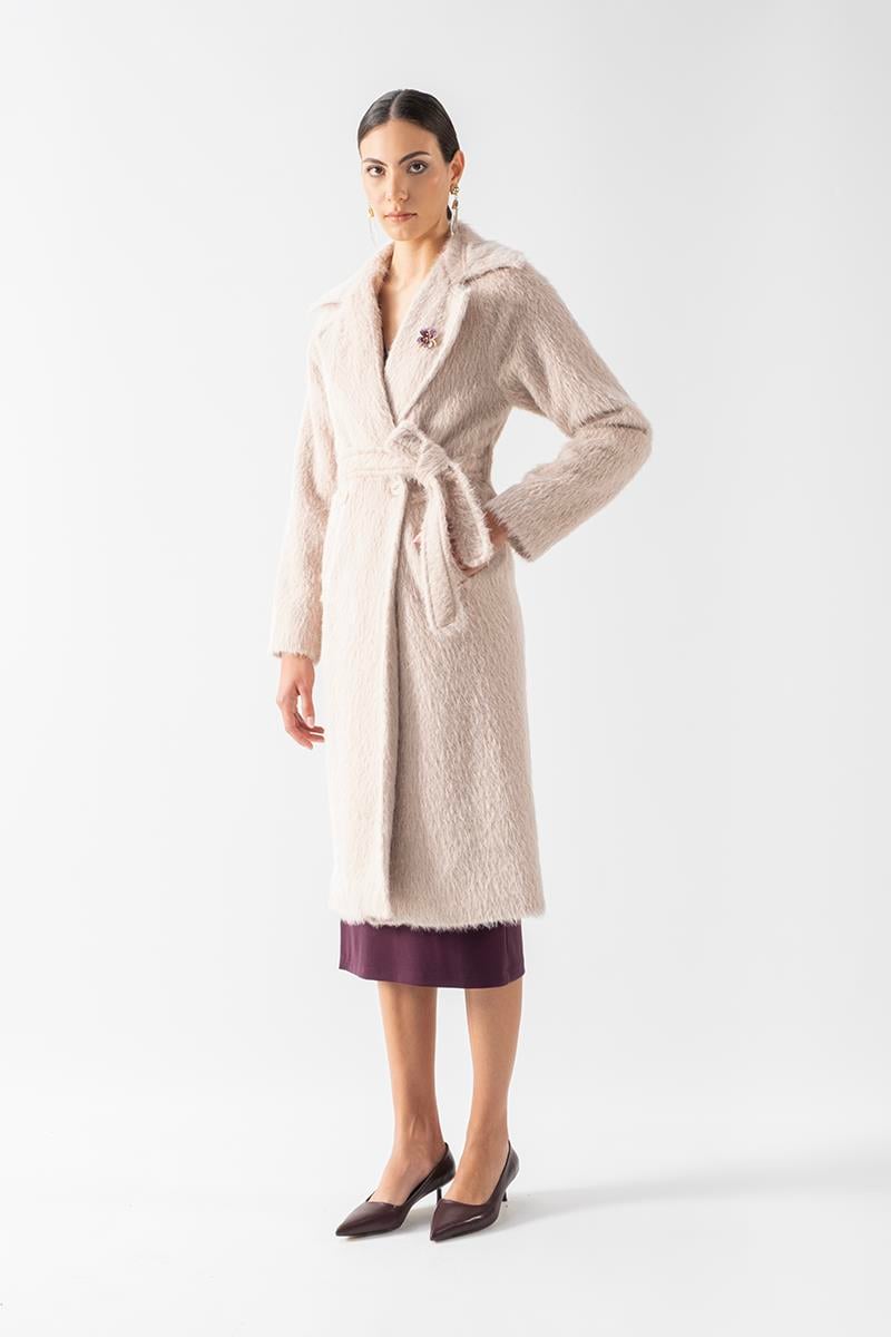 Ottobello Mono Yaka Kruvaze Kuşaklı Kaban BEJ