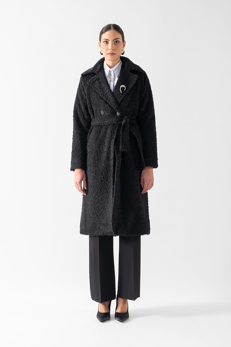 Ottobello Mono Yaka Kruvaze Kuşaklı Kaban SİYAH