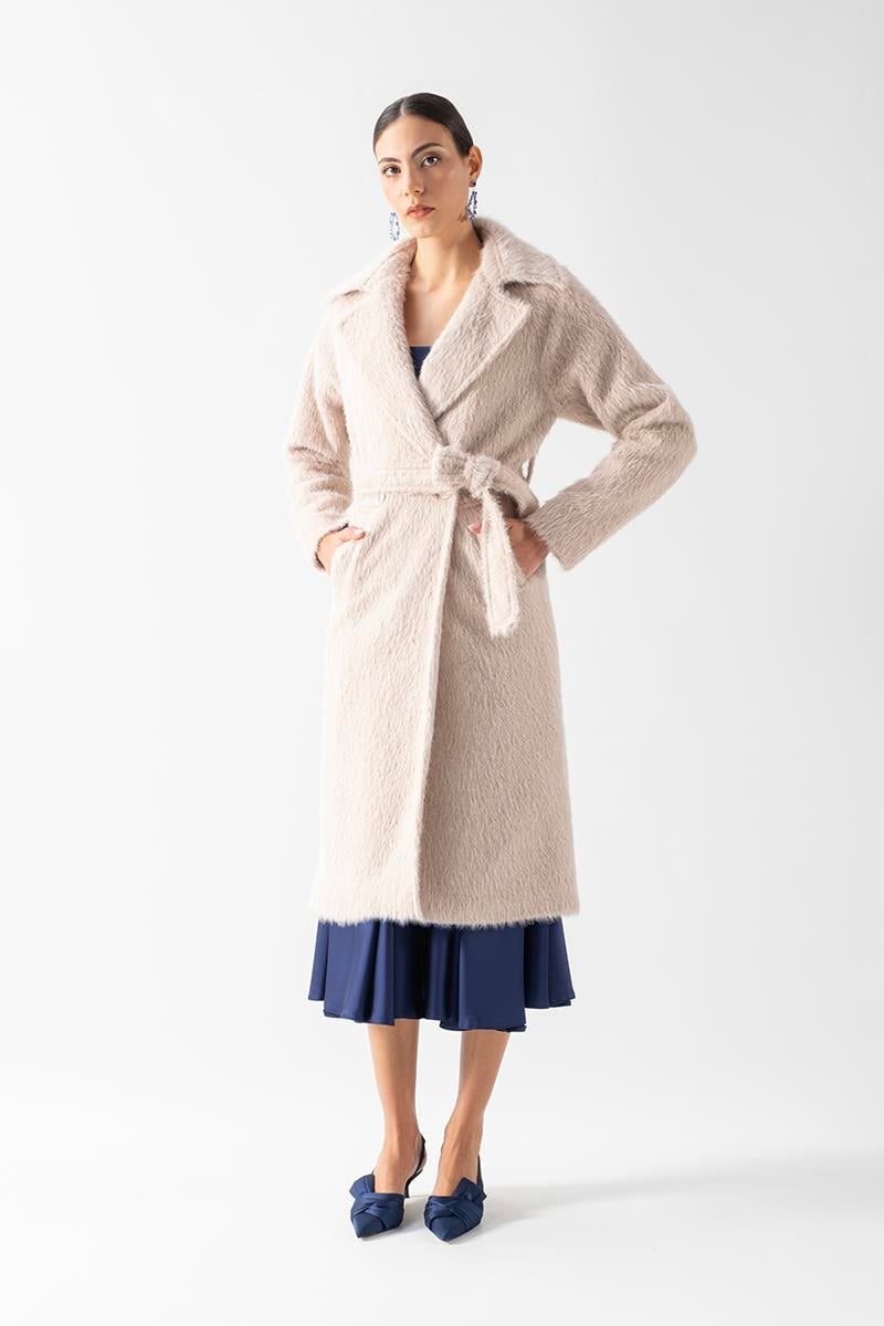 Ottobello Mono Yaka Kruvaze Kuşaklı Kaban BEJ