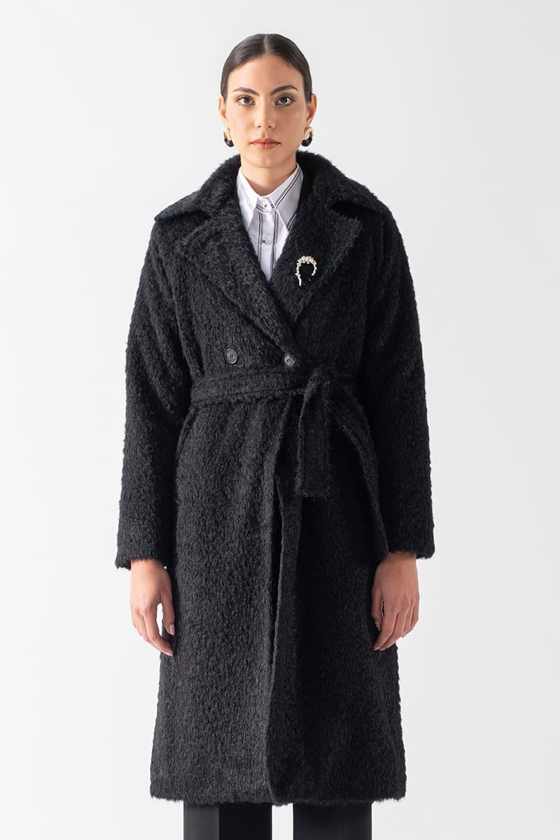 Ottobello Mono Yaka Kruvaze Kuşaklı Kaban SİYAH