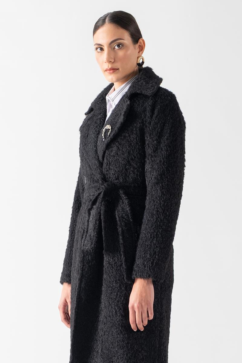 Ottobello Mono Yaka Kruvaze Kuşaklı Kaban SİYAH