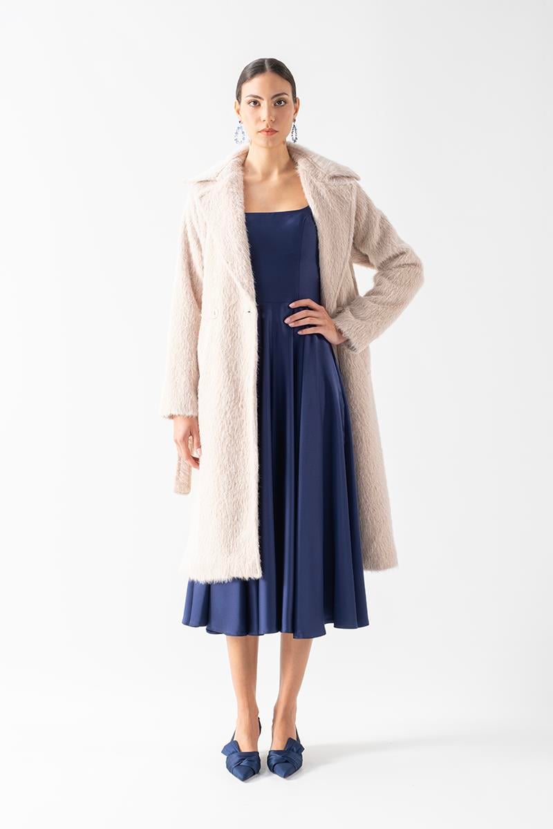 Ottobello Mono Yaka Kruvaze Kuşaklı Kaban BEJ