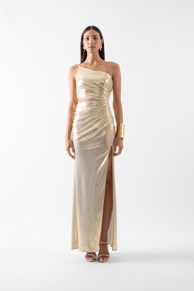 Pailhas İnce Tek Askılı Beli Açık Uzun Abiye Elbise GOLD