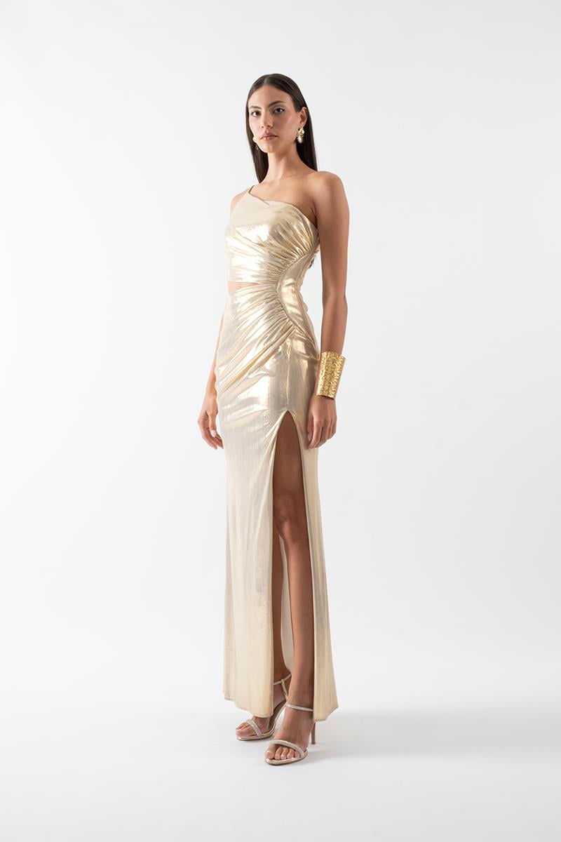 Pailhas İnce Tek Askılı Beli Açık Uzun Abiye Elbise GOLD