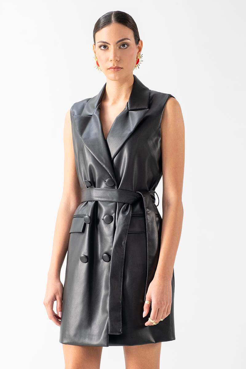 Paladino Klasik Yaka Blazer Kuşaklı Yelek Elbise SİYAH