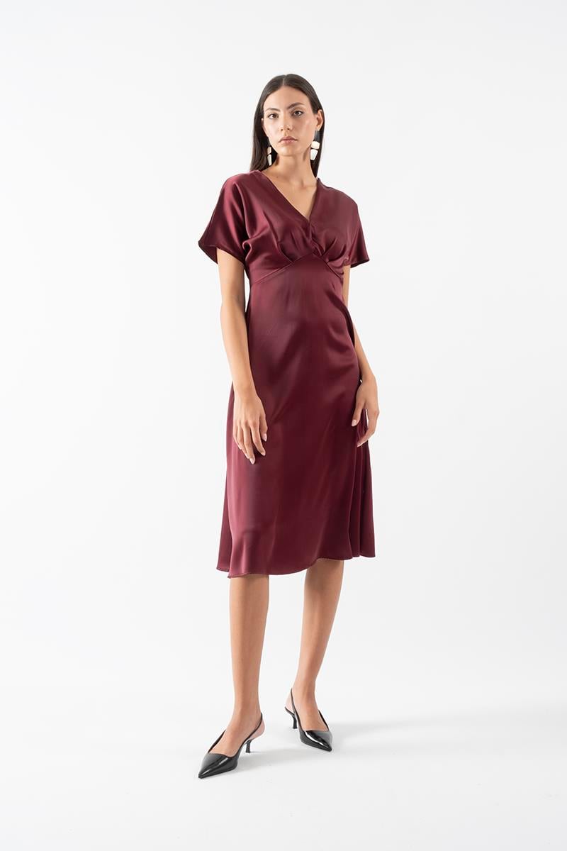 Palestino V Yaka Düşük Kol Kloş Elbise BORDO