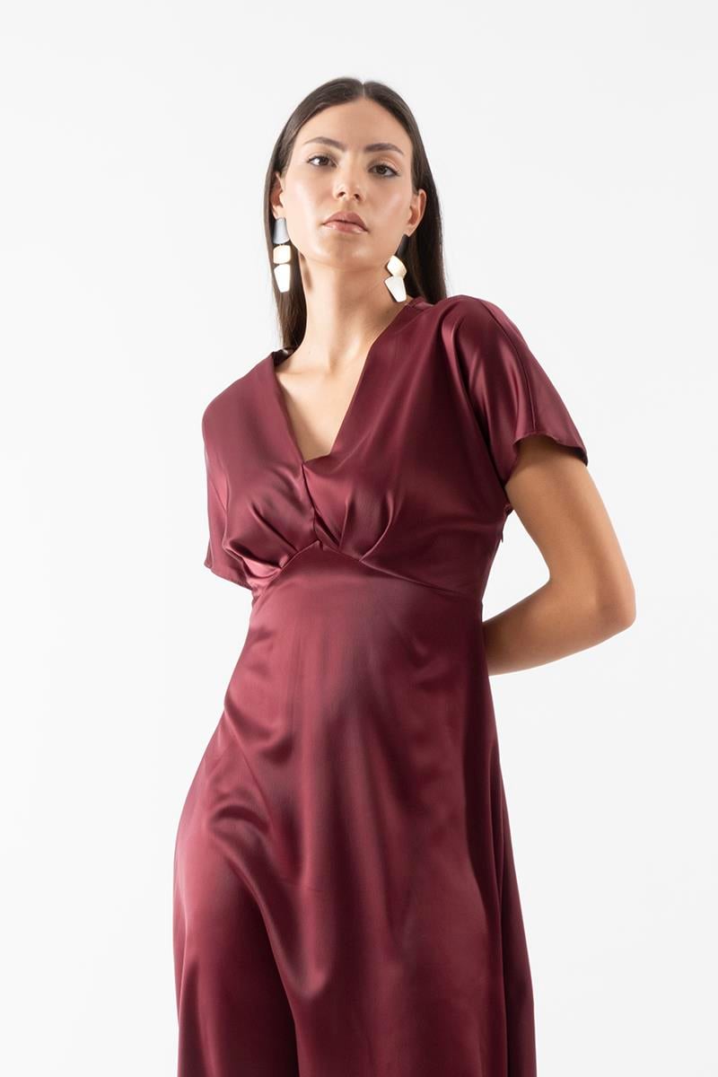 Palestino V Yaka Düşük Kol Kloş Elbise BORDO