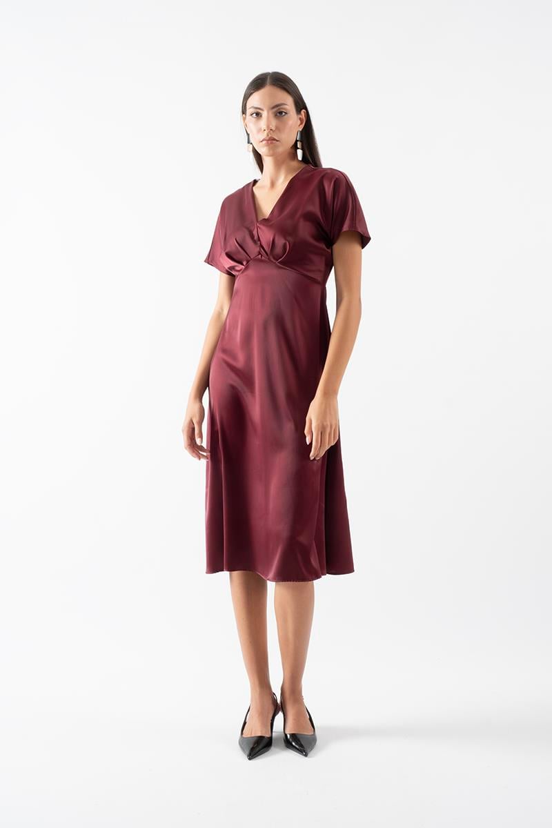 Palestino V Yaka Düşük Kol Kloş Elbise BORDO