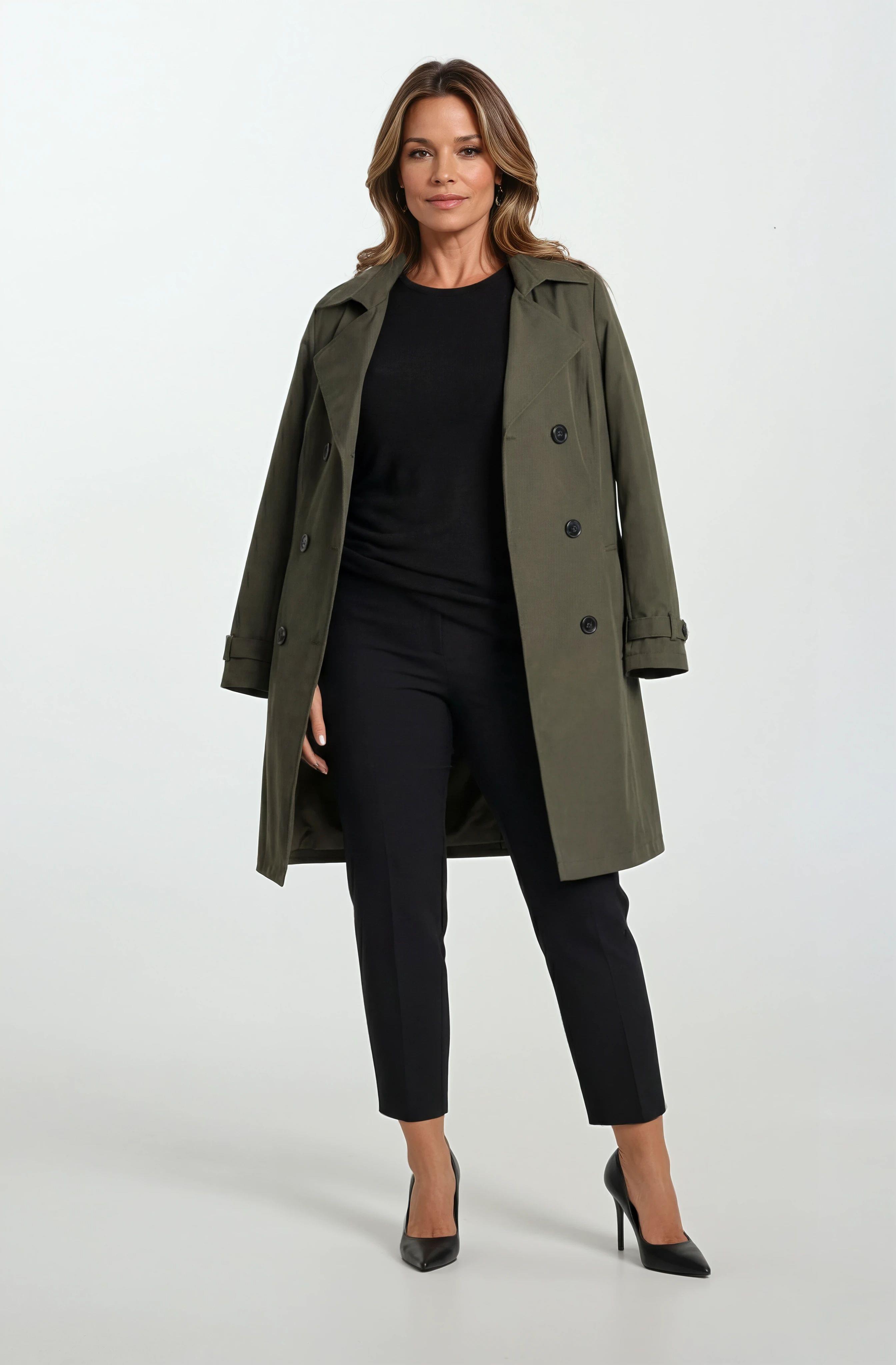 Pallaske Kruvaze Yaka Kuşaklı Cepli Trençkot HAKİ