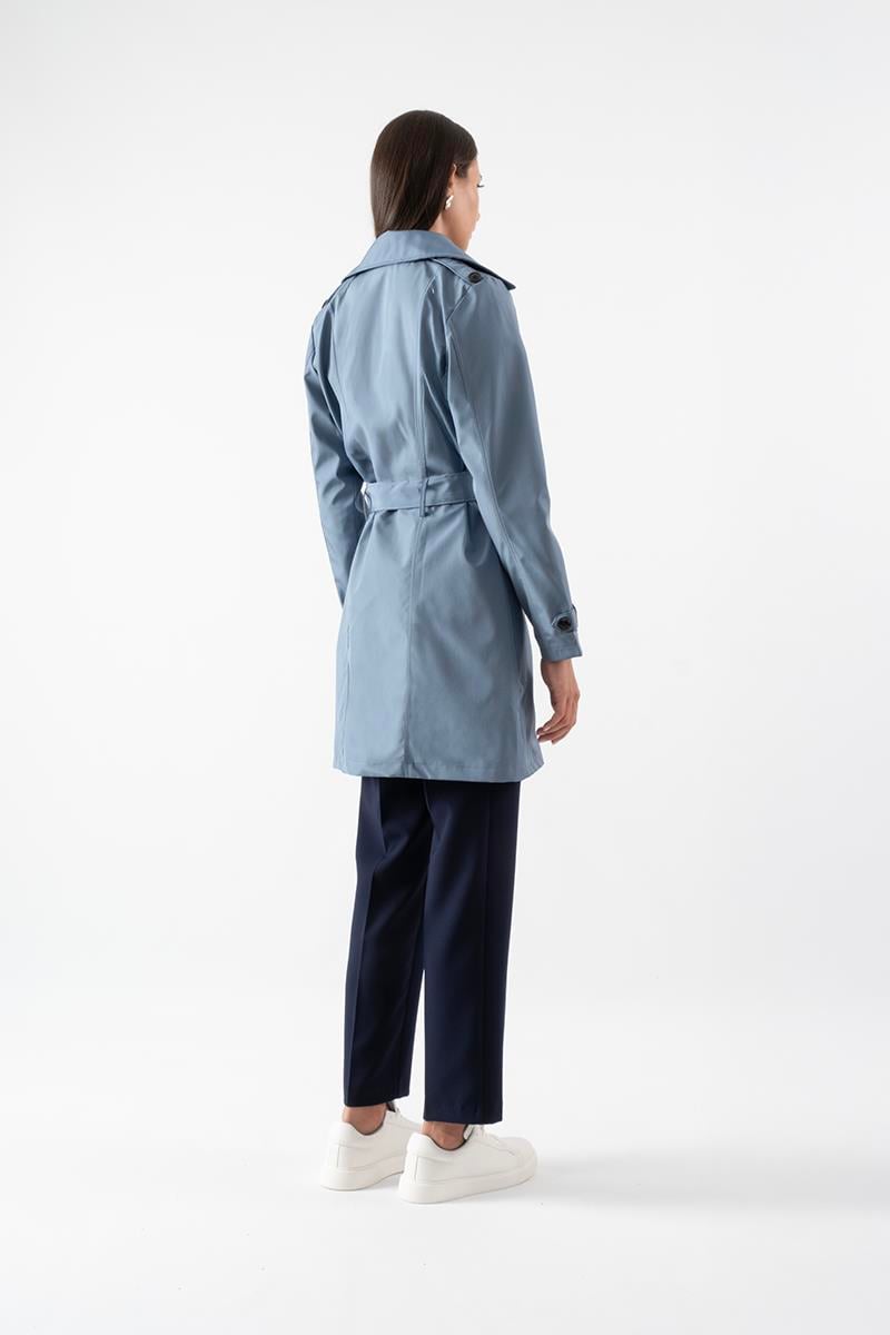 Pallaske Kruvaze Yaka Kuşaklı Cepli Trençkot İNDİGO