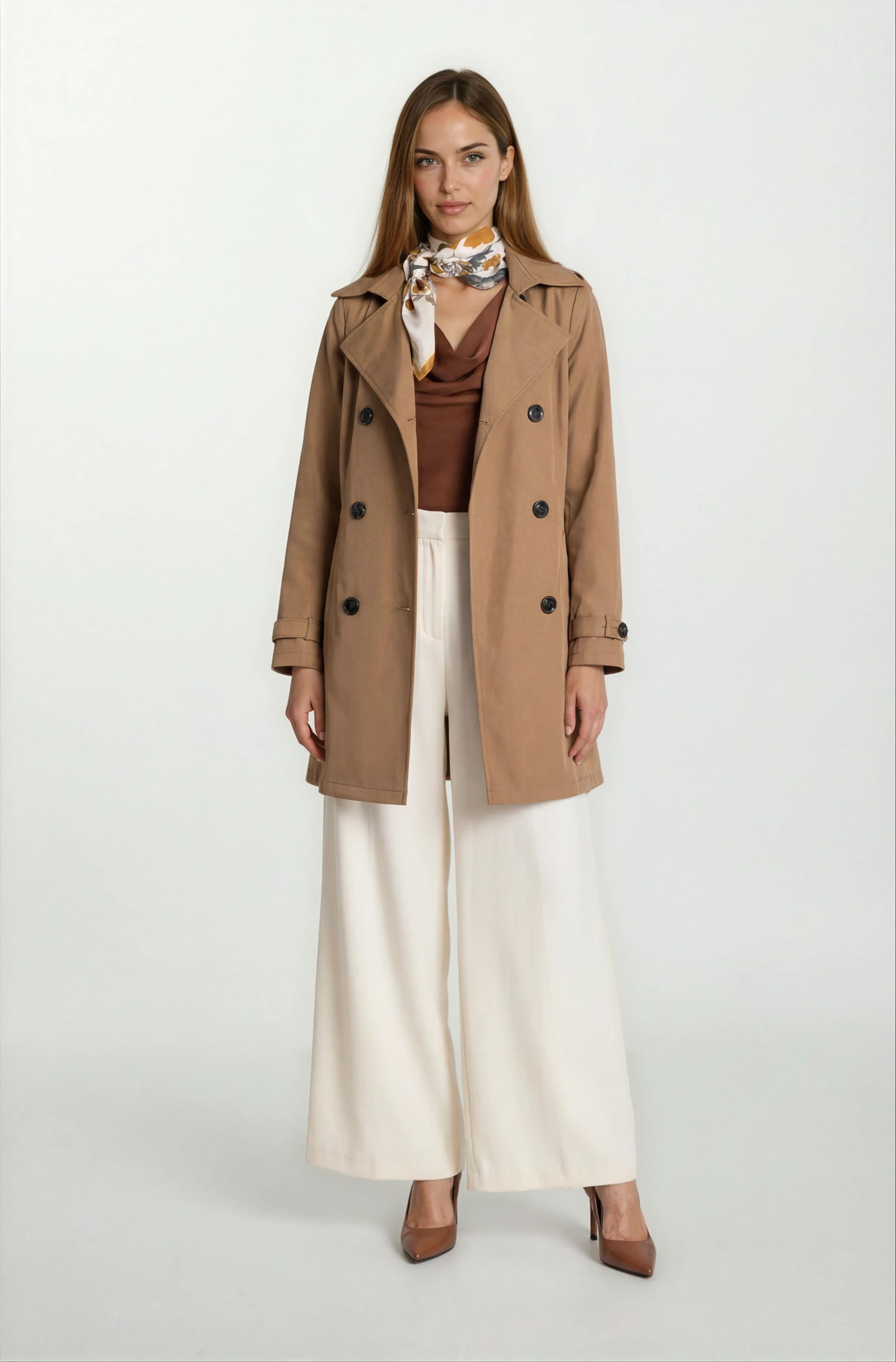 Pallaske Kruvaze Yaka Kuşaklı Cepli Trençkot TABA