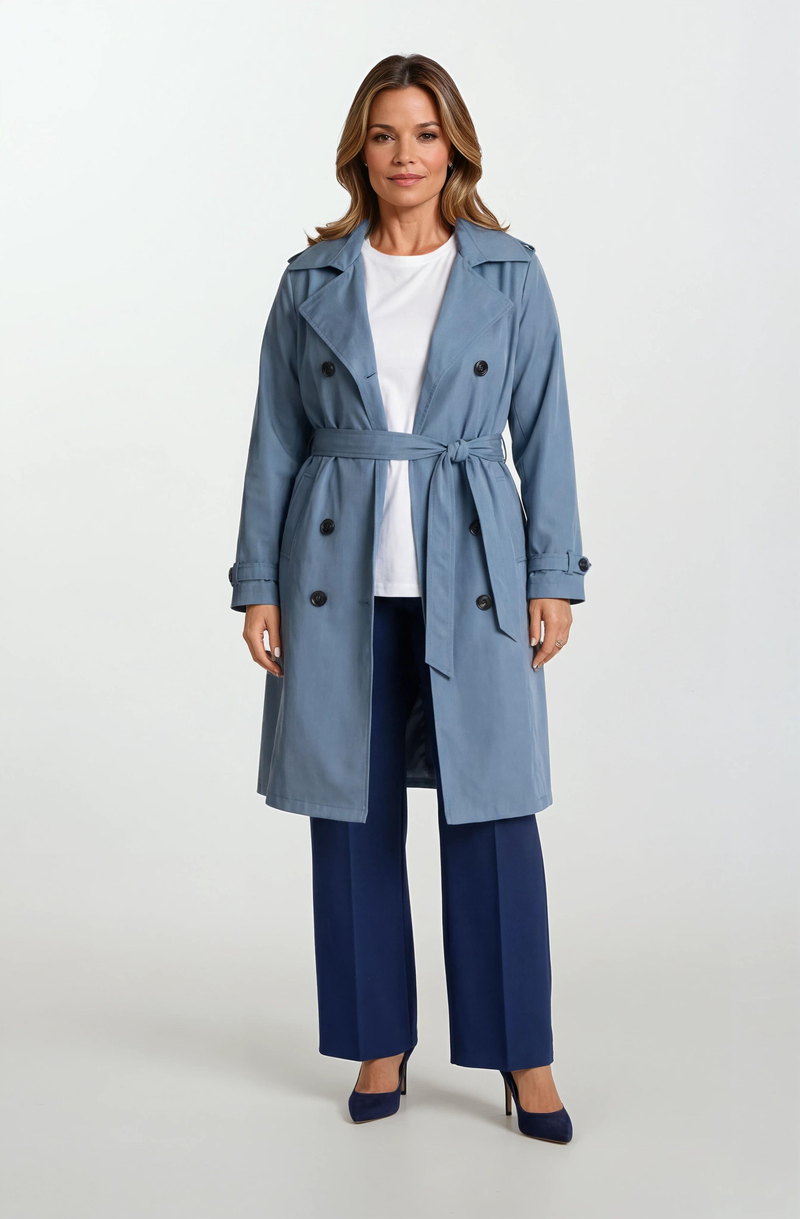 Pallaske Kruvaze Yaka Kuşaklı Cepli Trençkot İNDİGO