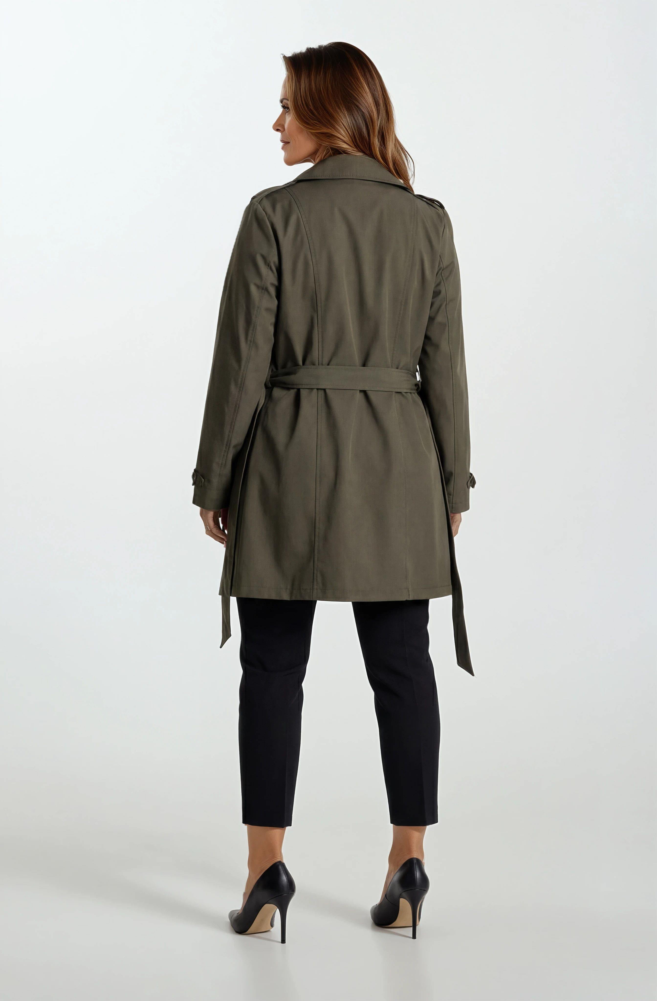 Pallaske Kruvaze Yaka Kuşaklı Cepli Trençkot HAKİ