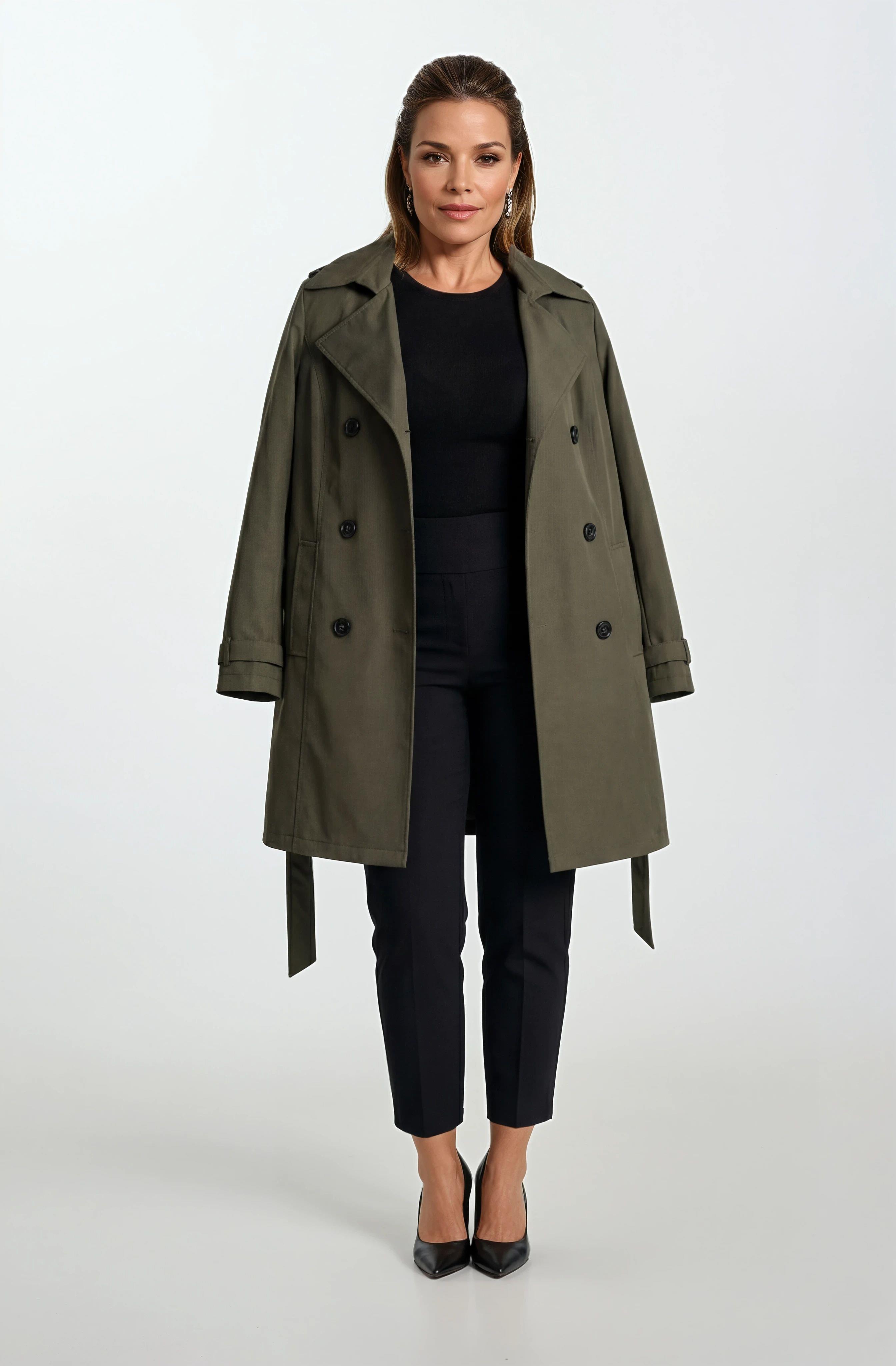 Pallaske Kruvaze Yaka Kuşaklı Cepli Trençkot HAKİ