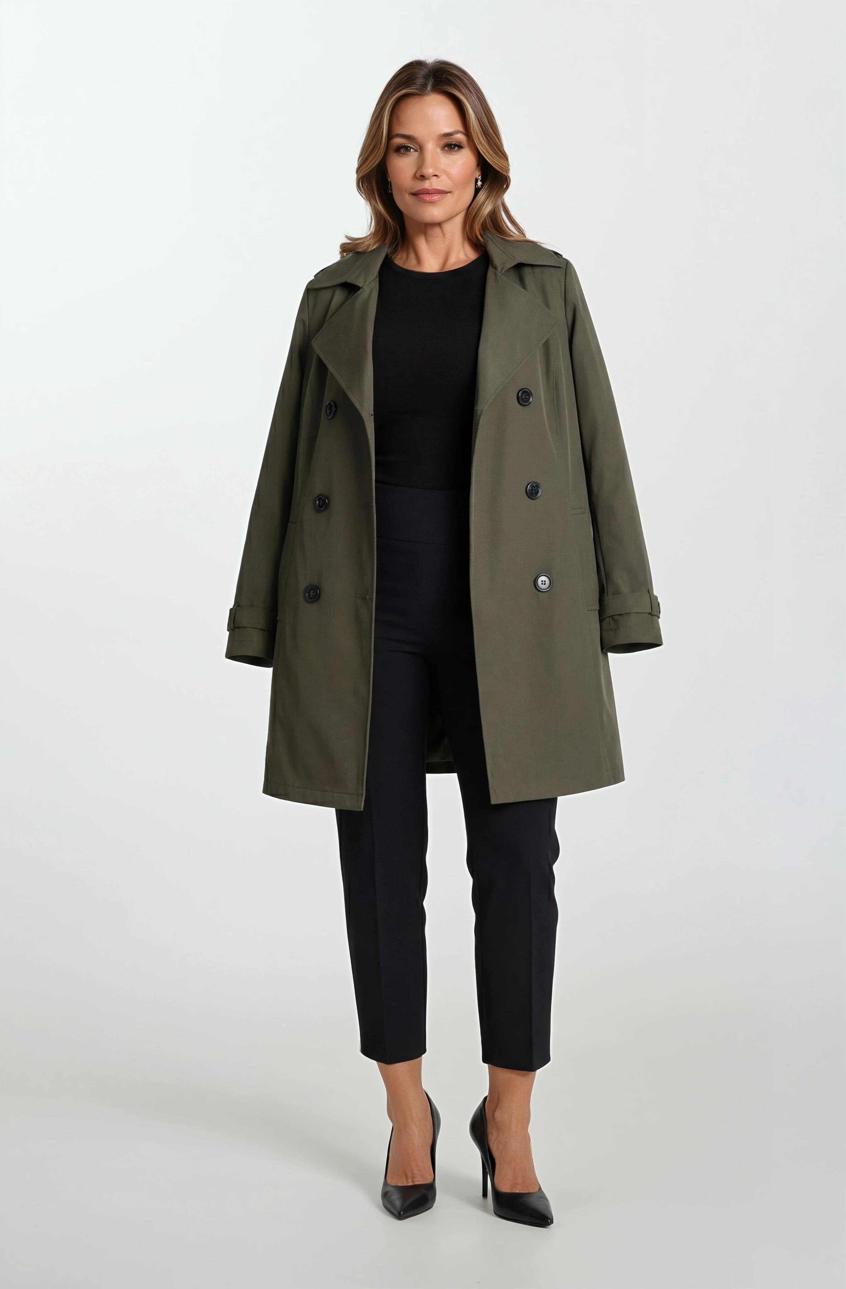 Pallaske Kruvaze Yaka Kuşaklı Cepli Trençkot HAKİ