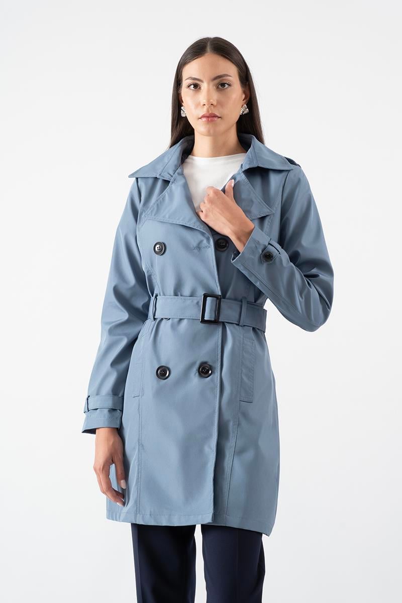 Pallaske Kruvaze Yaka Kuşaklı Cepli Trençkot İNDİGO