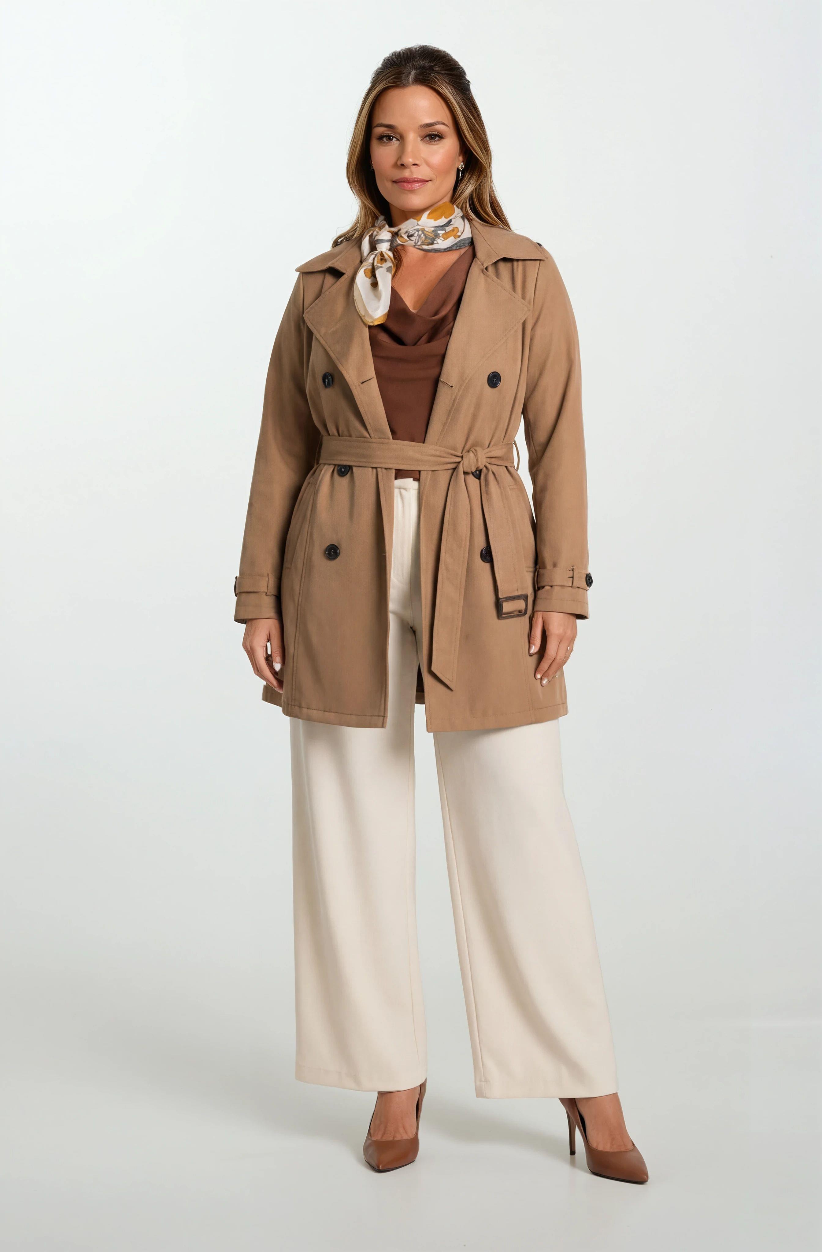 Pallaske Kruvaze Yaka Kuşaklı Cepli Trençkot TABA