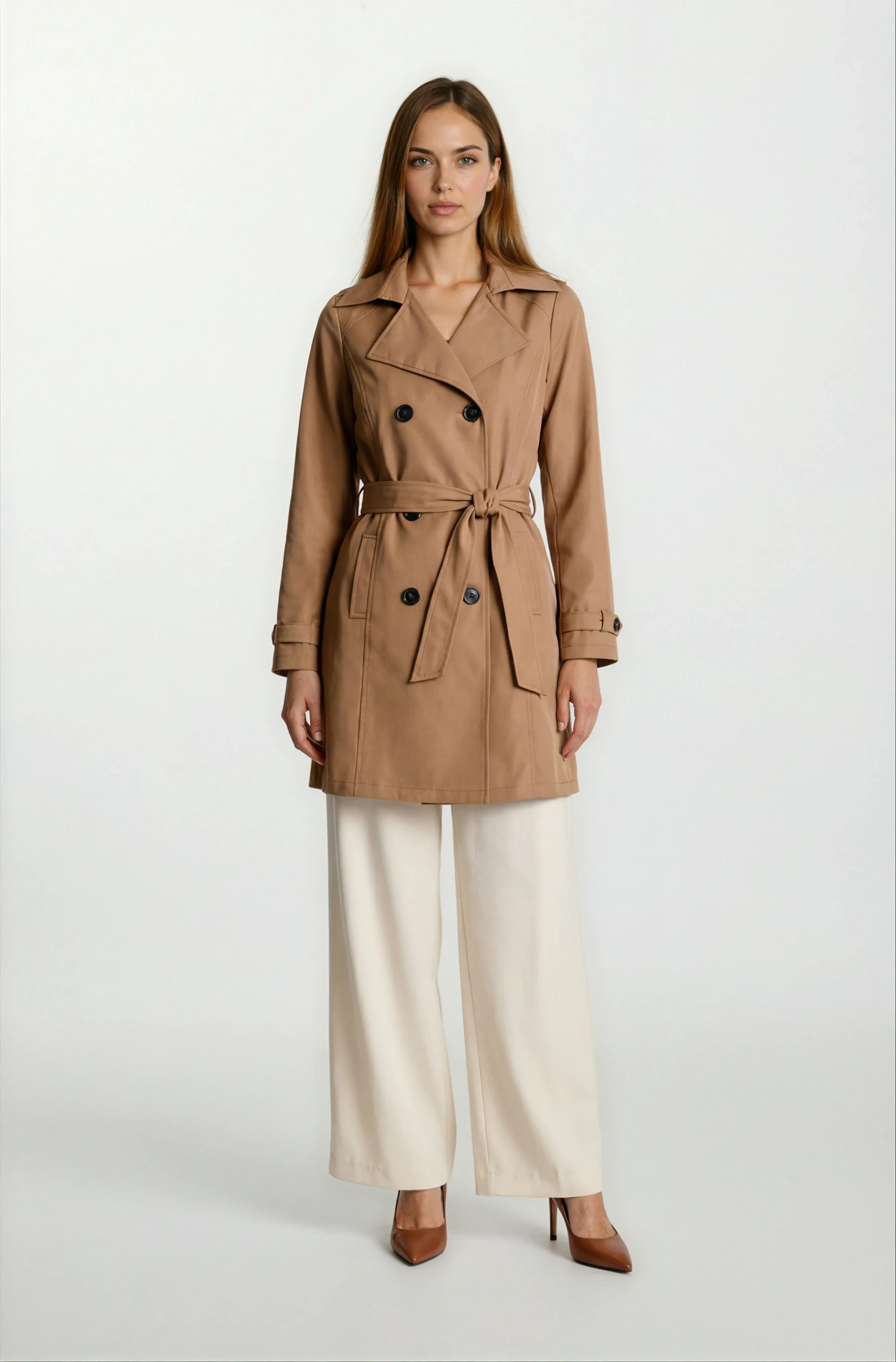 Pallaske Kruvaze Yaka Kuşaklı Cepli Trençkot TABA