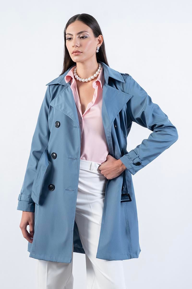 Pallaske Kruvaze Yaka Kuşaklı Cepli Trençkot İNDİGO