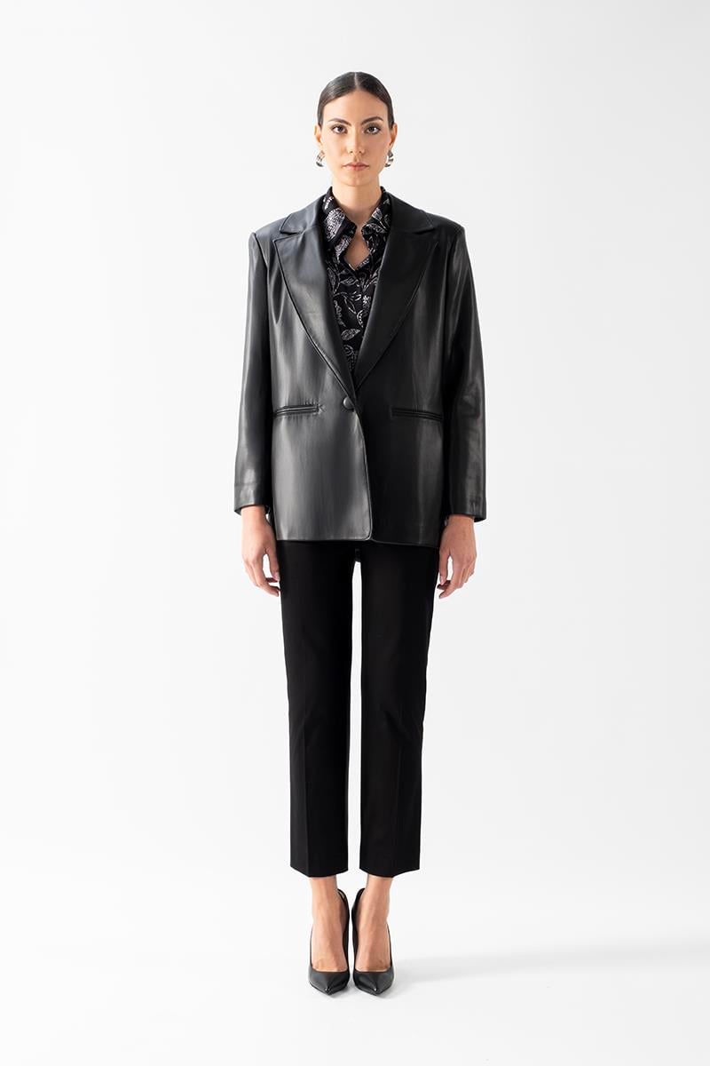 Palmazio Klasik Yaka Tek Düğme Salaş Deri Ceket SİYAH