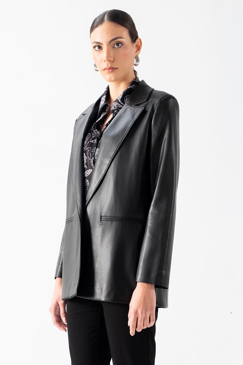 Palmazio Klasik Yaka Tek Düğme Salaş Deri Ceket SİYAH