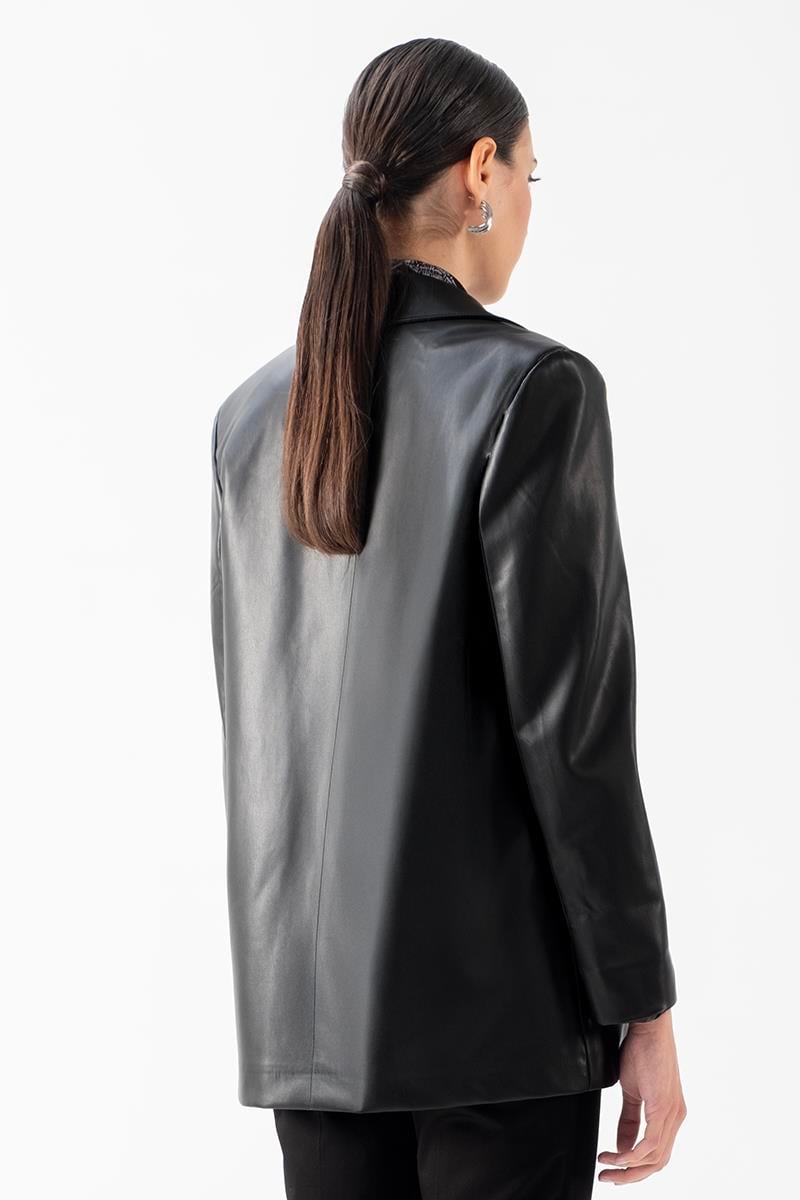 Palmazio Klasik Yaka Tek Düğme Salaş Deri Ceket SİYAH