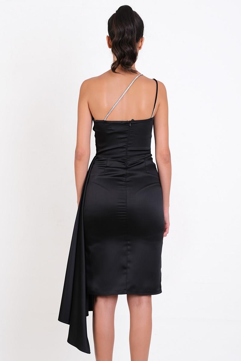 Pantaleo Taş Aksesuar Askılı Asimetrik Yaka Yırtmaçlı Kısa Abiye Elbise SİYAH