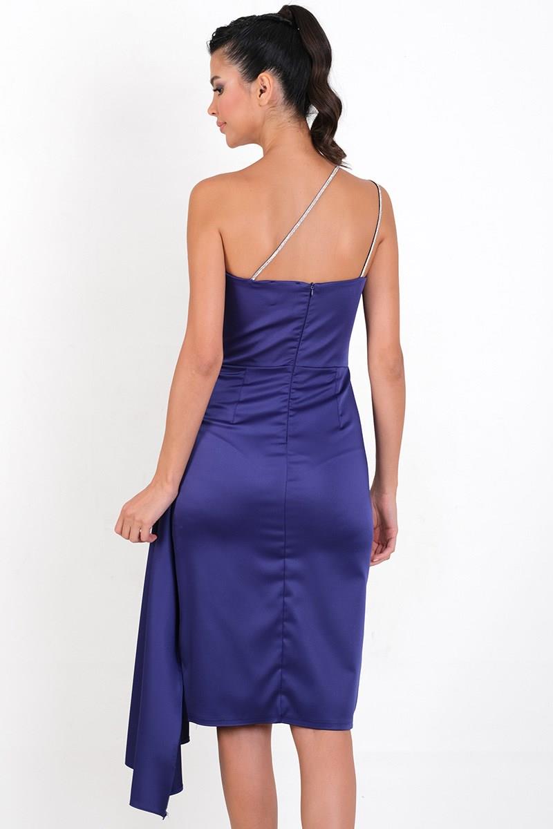 Pantaleo Taş Aksesuar Askılı Asimetrik Yaka Yırtmaçlı Kısa Abiye Elbise SAKS