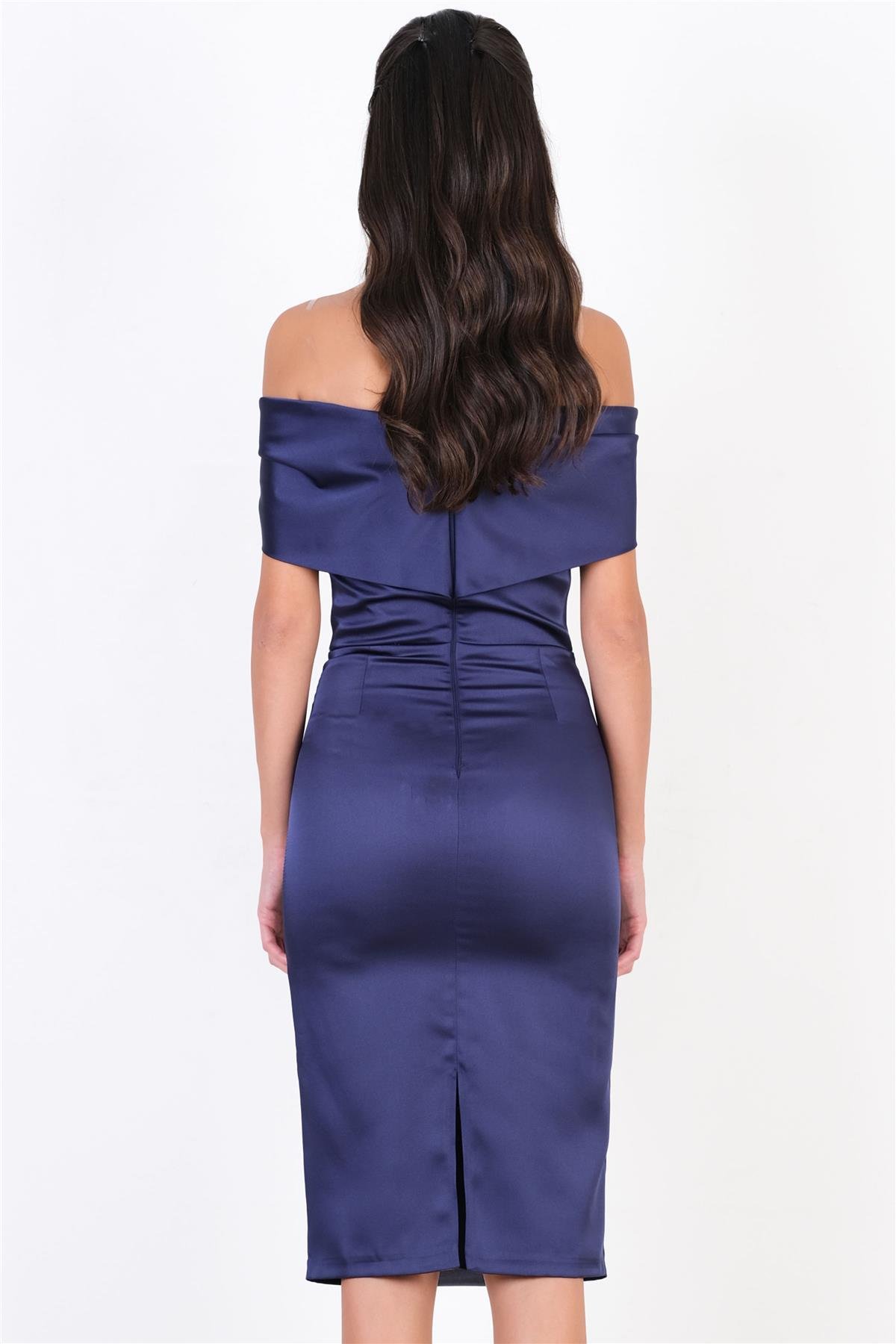 Papaleo Fiyonk Kayık Yaka Bel Şerit Aksesualı Kısa Abiye Elbise LACİVERT