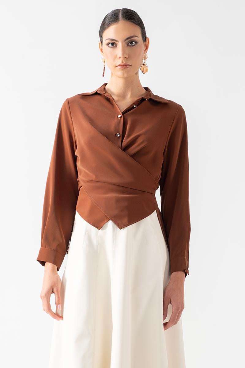 Parisino Erkek Yaka Bağlama Detaylı Bluz KAHVE