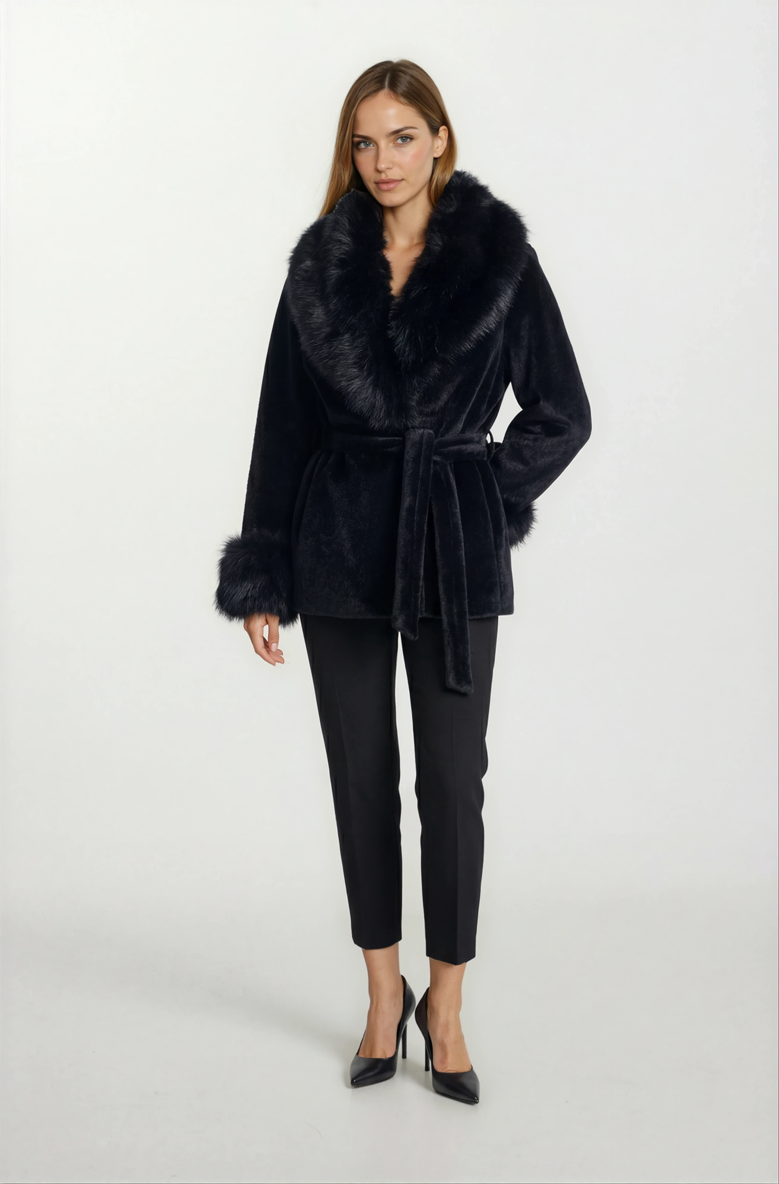 Parisse Kruvaze Yakası Kolları Kürklü Kaban SİYAH