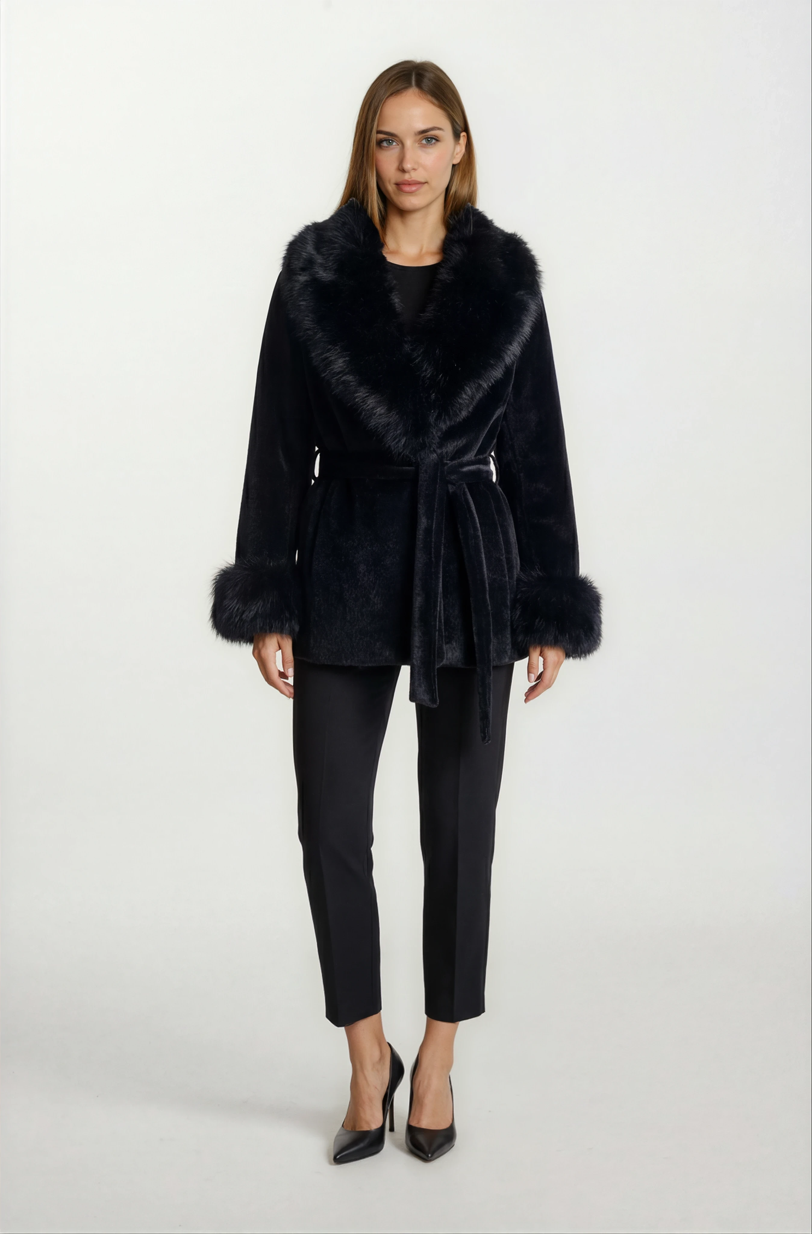 Parisse Kruvaze Yakası Kolları Kürklü Kaban SİYAH