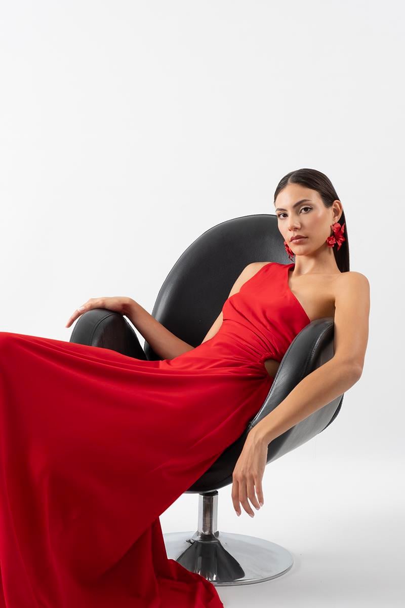 Pasini Tek Omuz Yan Pencere Detaylı Elbise KIRMIZI