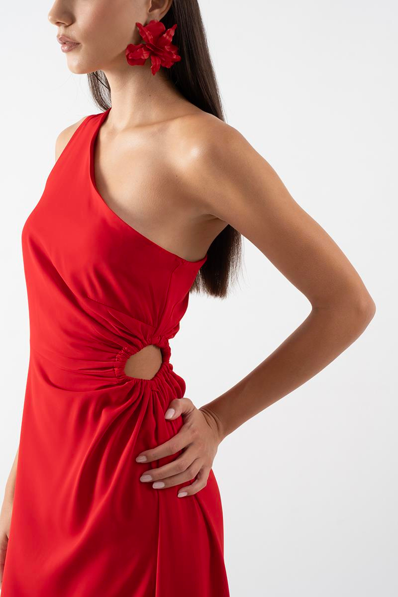Pasini Tek Omuz Yan Pencere Detaylı Elbise KIRMIZI