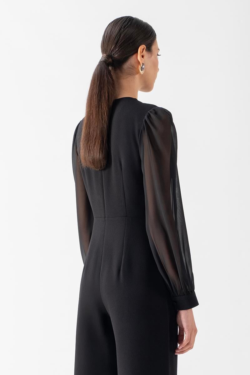 Patroclo Kruvaze Yaka Yırtmaçlı Paça Tek Düğme Abiye Tulum SİYAH