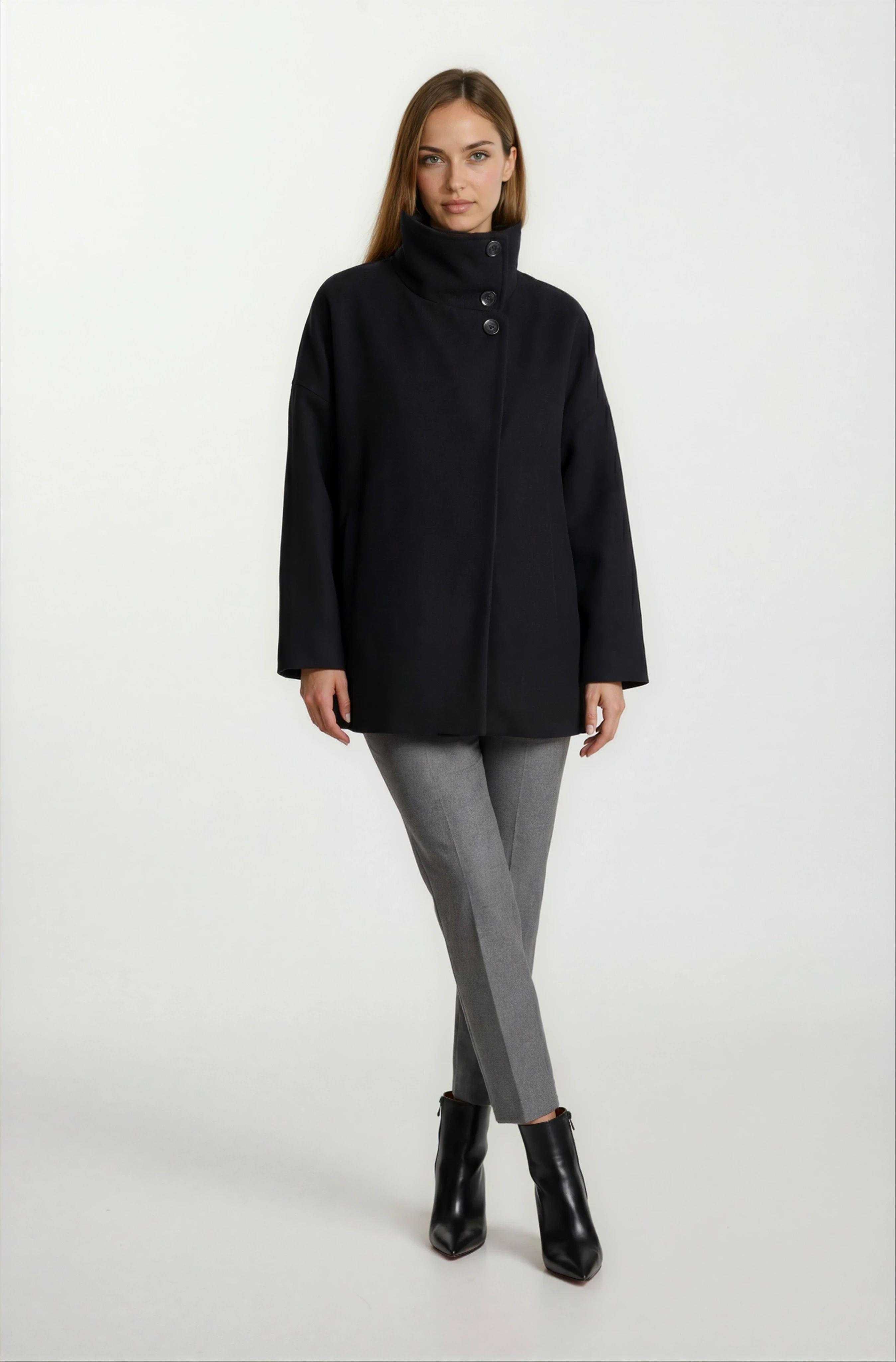 Pellegrina Dik Yaka Yandan Cepli Geniş Kesim Mont SİYAH