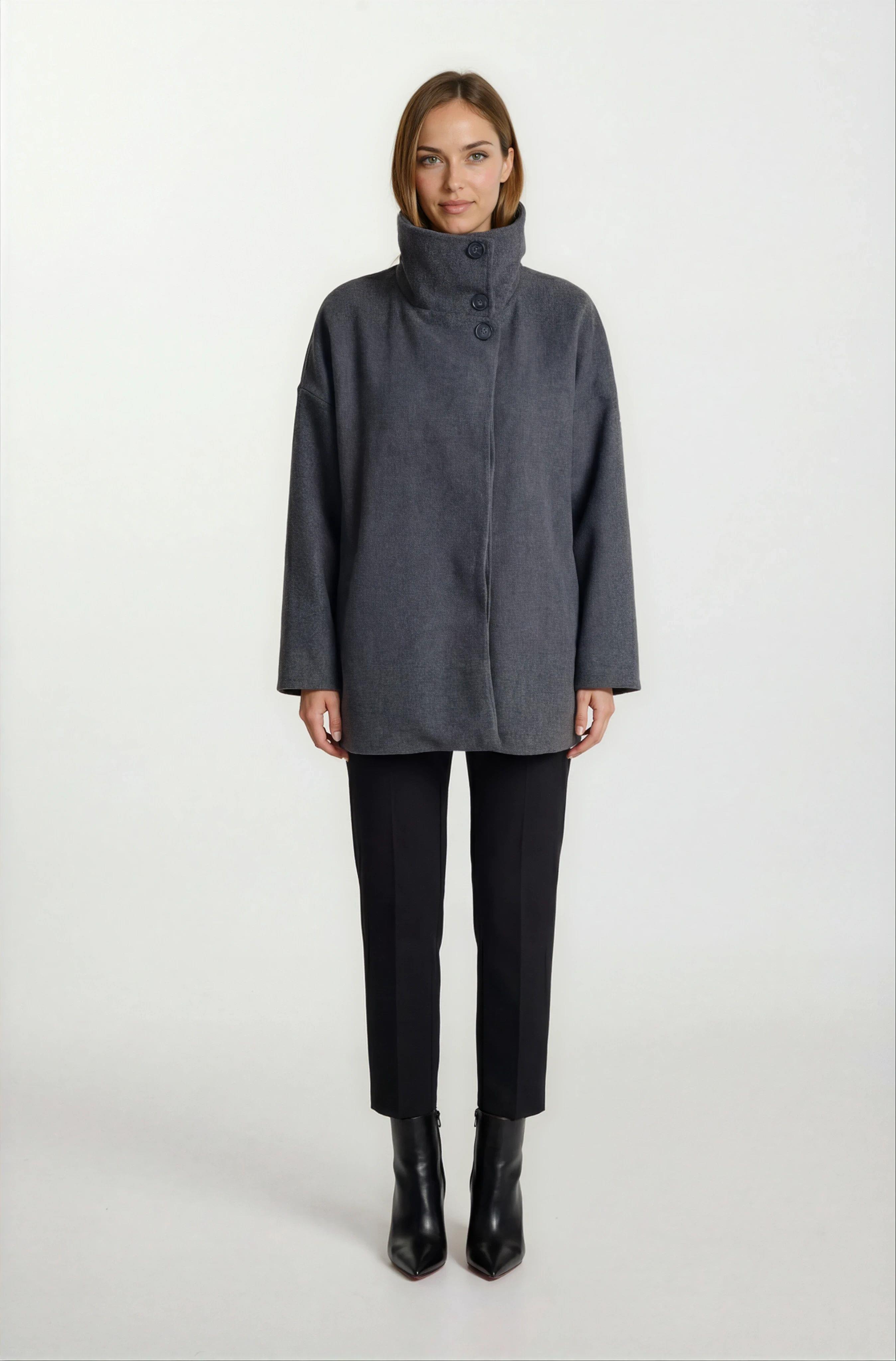 Pellegrina Dik Yaka Yandan Cepli Geniş Kesim Mont FÜME