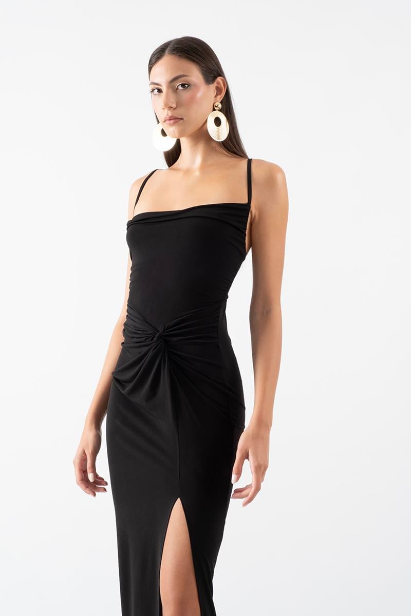 Perabo Degaje Yaka Bel Düğümlü Yırtmaçlı Uzun Abiye Elbise SİYAH