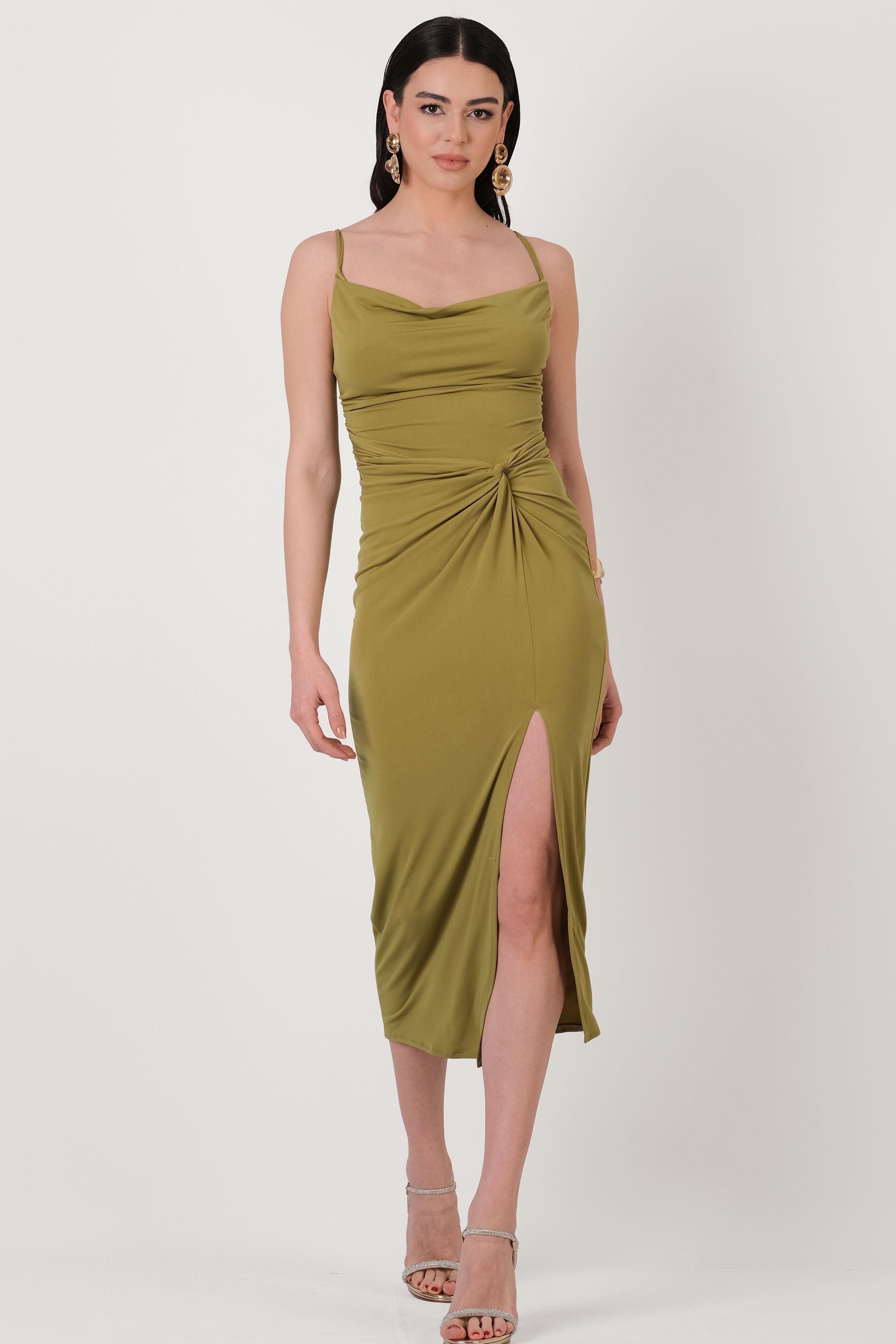 Perabo Degaje Yaka Bel Düğümlü Yırtmaçlı Uzun Abiye Elbise YAĞ YEŞİLİ