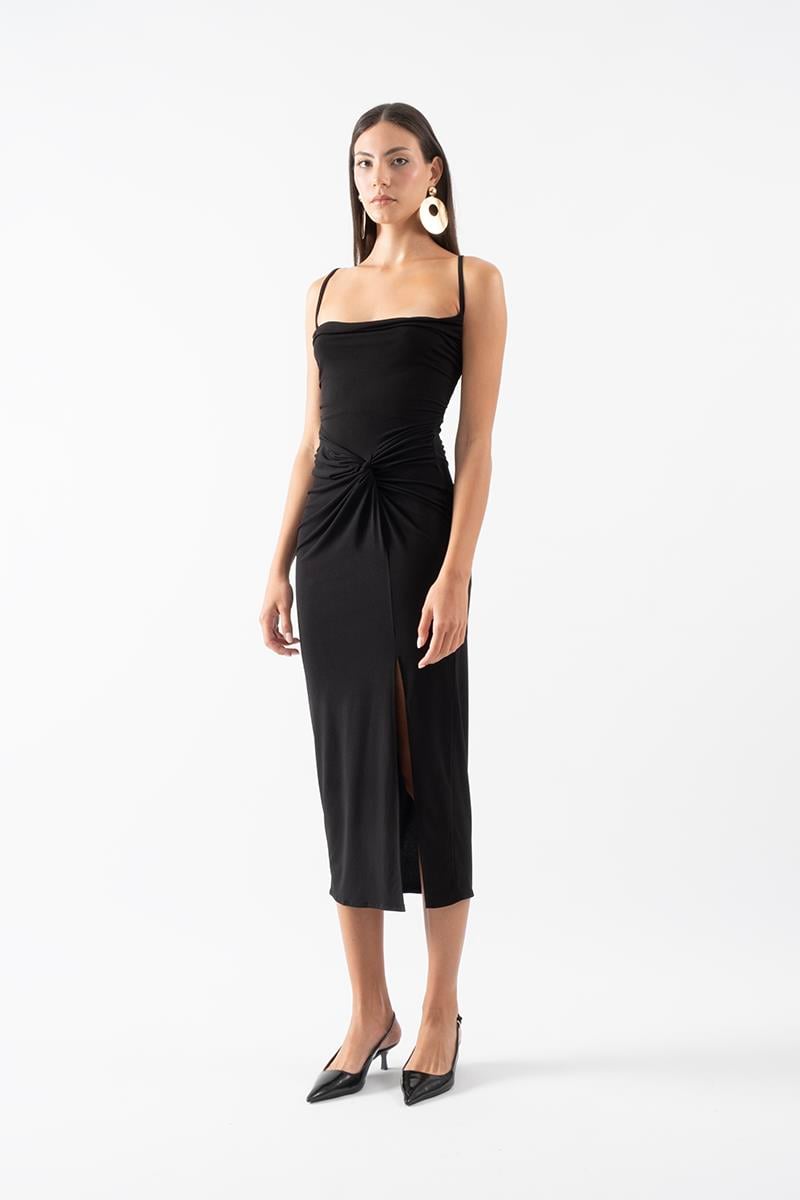 Perabo Degaje Yaka Bel Düğümlü Yırtmaçlı Uzun Abiye Elbise SİYAH