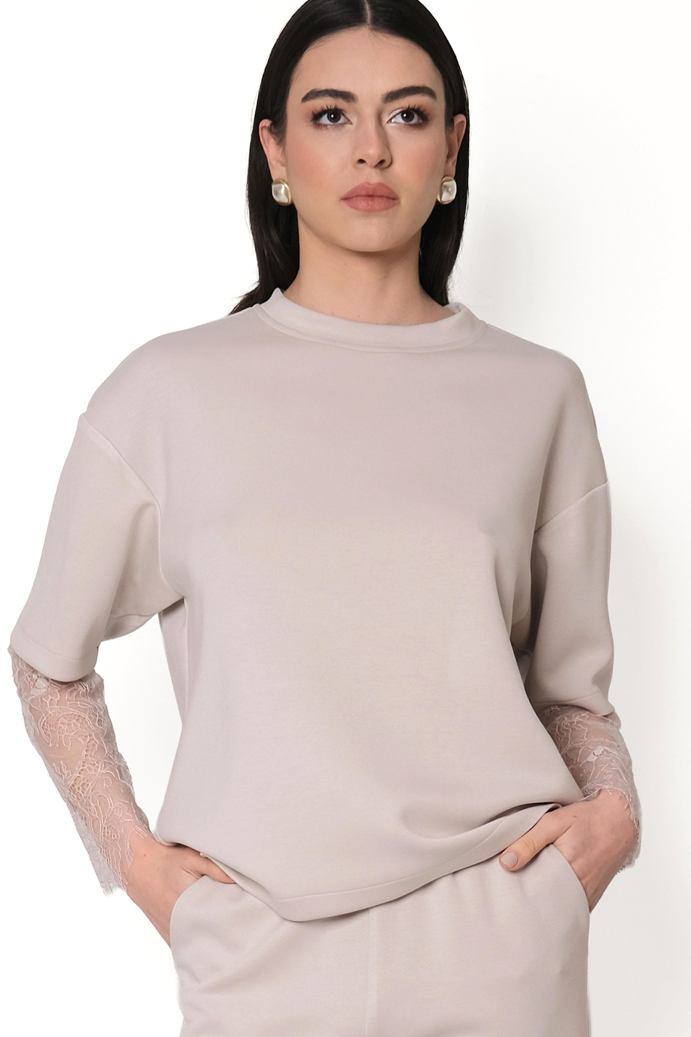 Persilio Bisiklet Yaka Dantel Kol Detaylı Bluz TAŞ